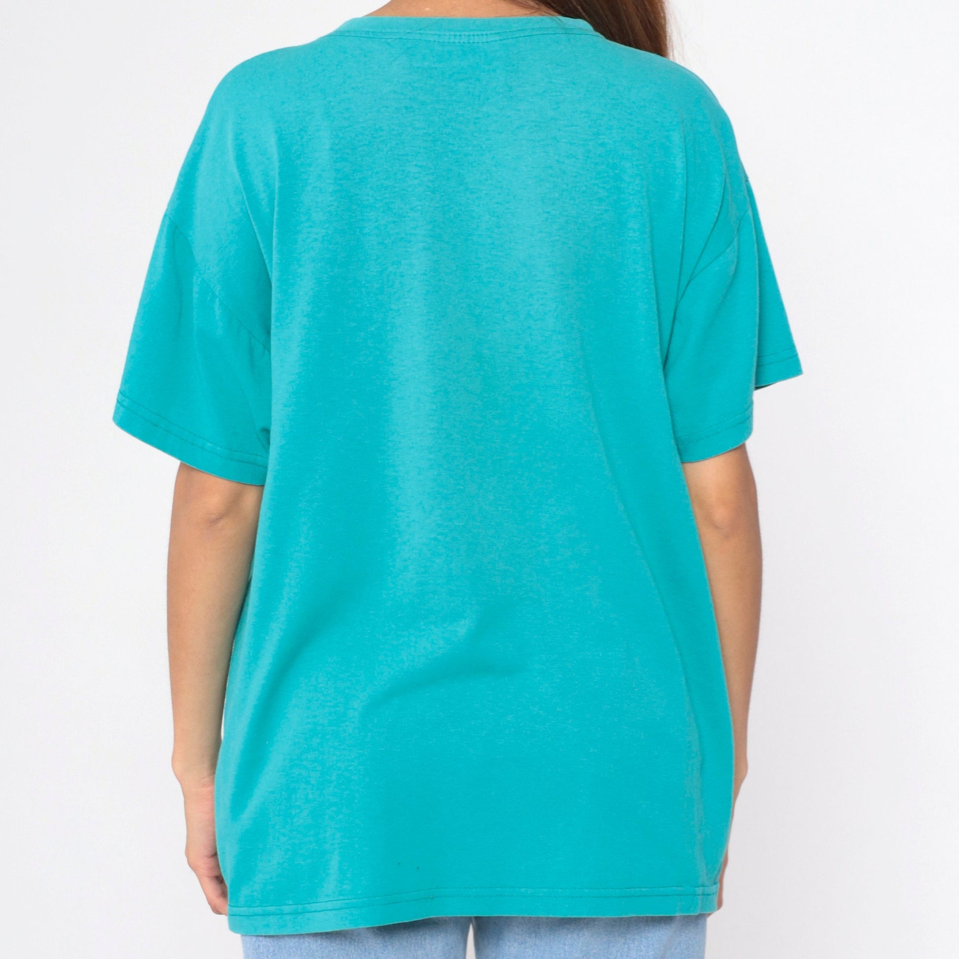 90s Turquoise Studded T-Shirt Silver Rhinestone Embellished Cotton Large L