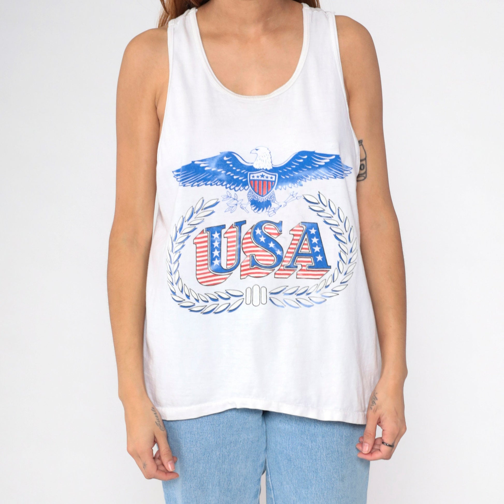 90s USA Eagle Patriotic Tank Top White Graphic Cotton Medium