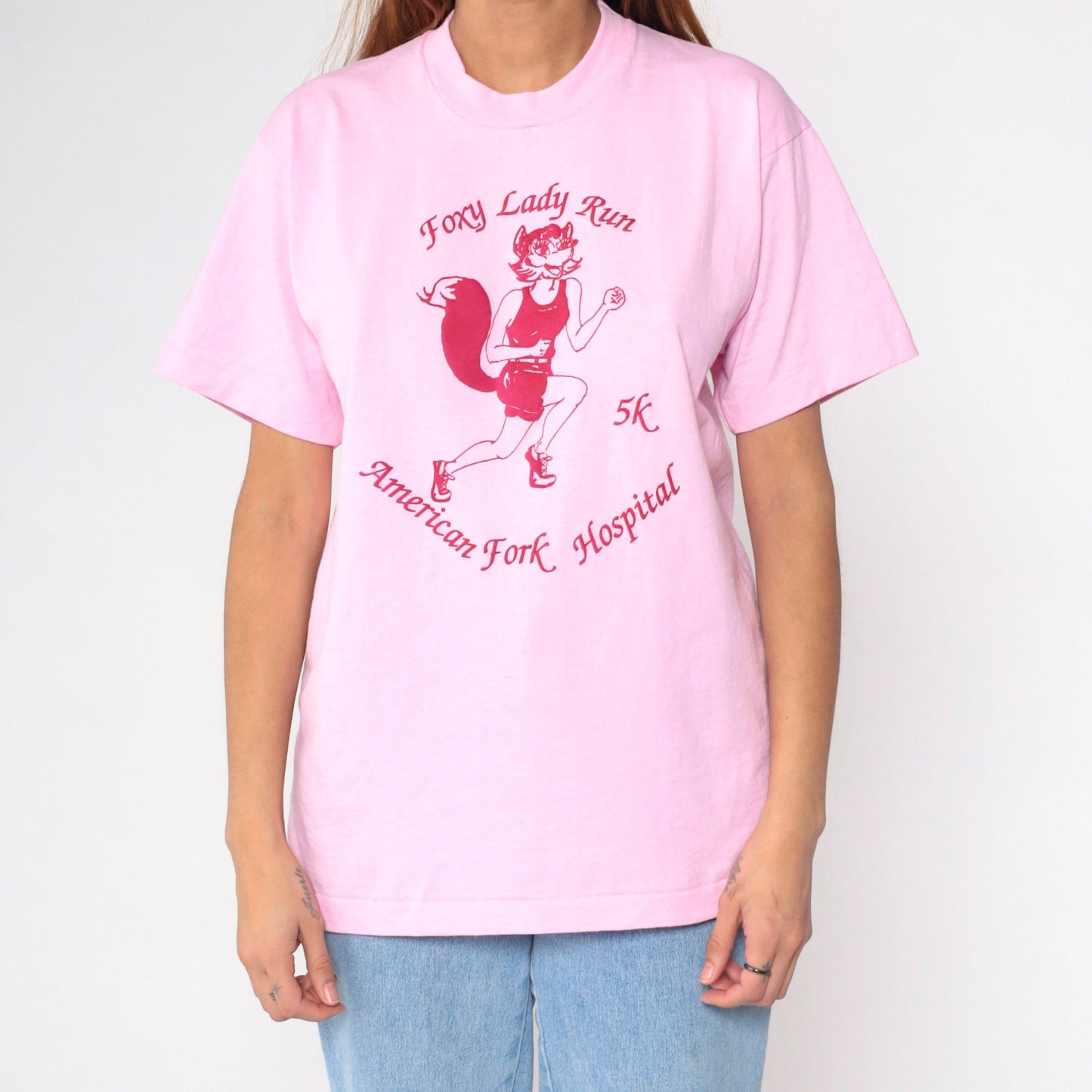 80s Foxy Lady Run 5K American Fork Hospital Graphic Tee Pink Single Stitch Medium