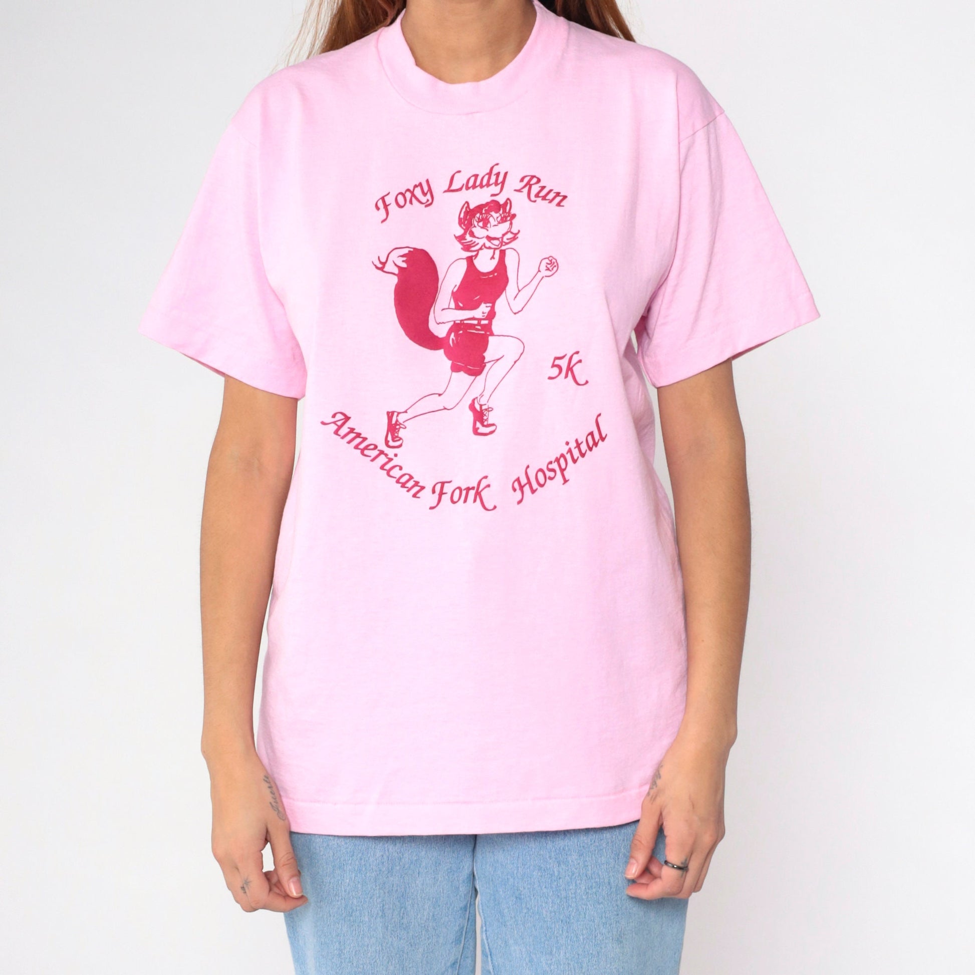 80s Foxy Lady Run 5K American Fork Hospital Graphic Tee Pink Single Stitch Medium