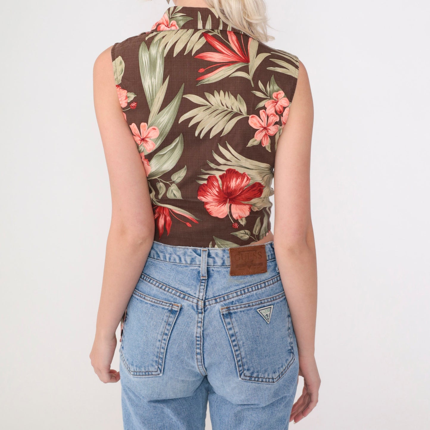 90s Tommy Bahama Tropical Silk Crop Top Brown Hibiscus Wrap Tie Waist Extra Small