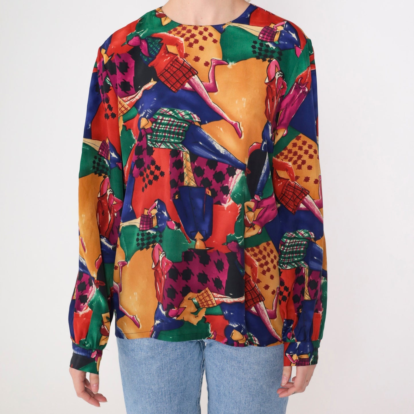 90s Checkered Runway Model Print Blouse Multicolor Long Sleeve Large