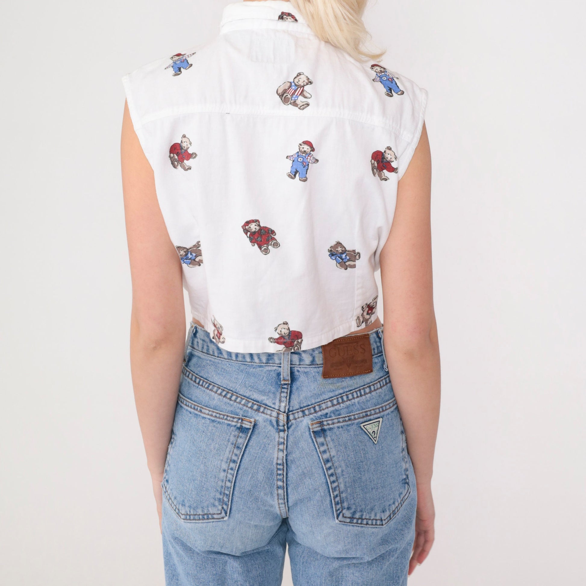 90s Teddy Bear Crop Top Sleeveless Button Down Blouse White Cotton Small