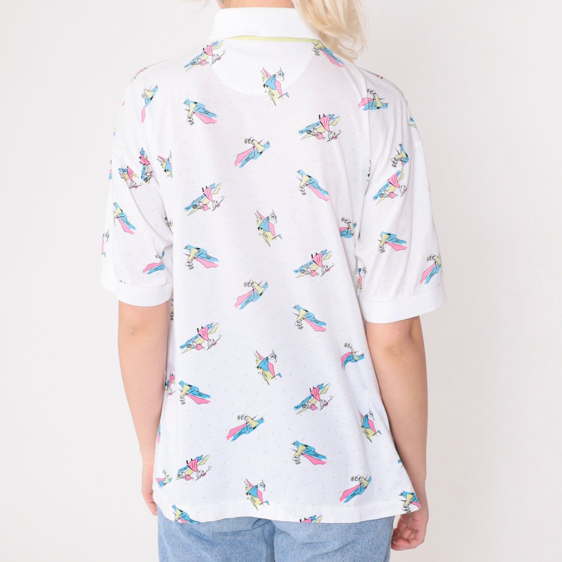 90s La Mode Women's Golf Polo Shirt White Graphic Collared Cotton Medium