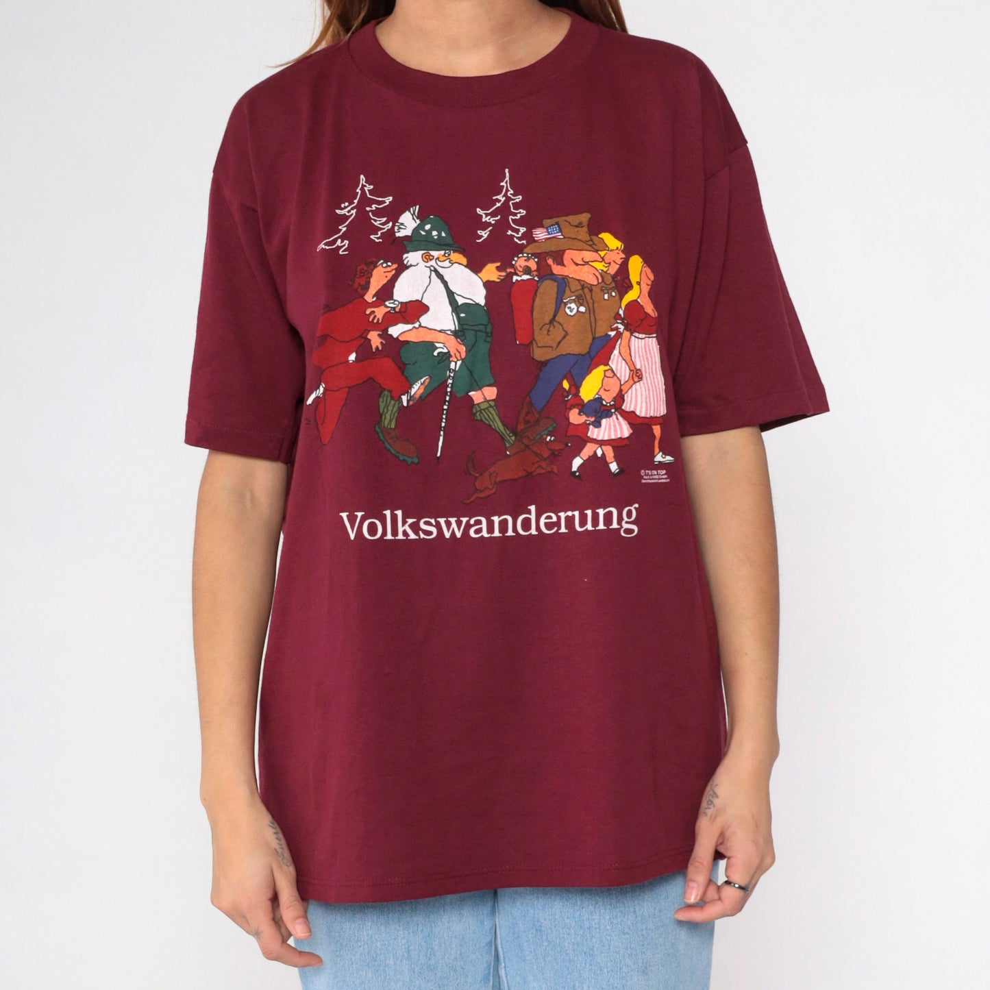 90s Volkswanderung German Hiking Graphic Tee Burgundy Extra Large