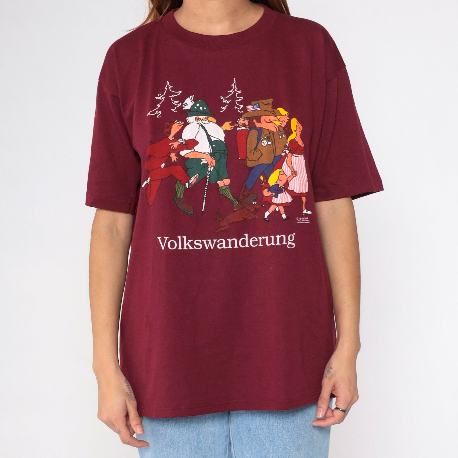 90s Volkswanderung German Hiking Graphic Tee Burgundy Extra Large