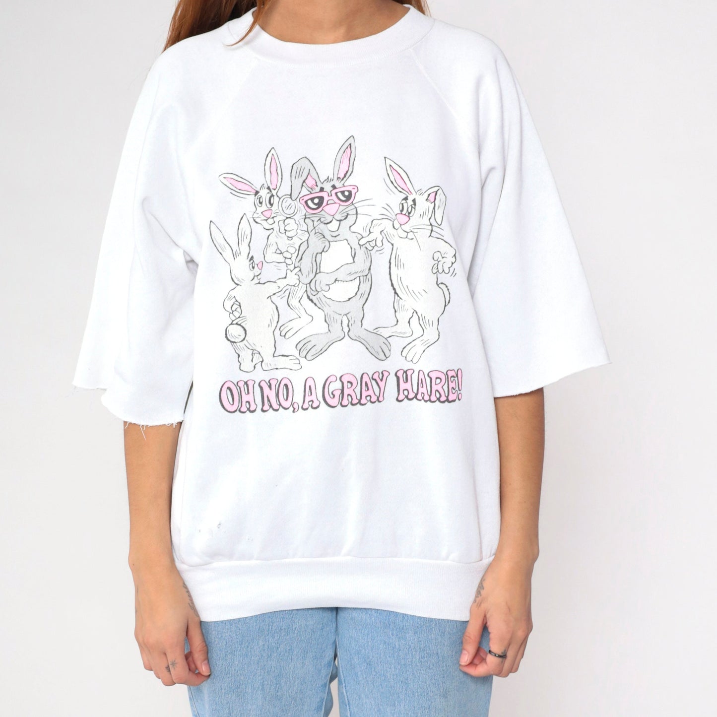 80s Rabbit Pun Sweatshirt Grey Hare Cartoon Bunny Graphic Cutoff Large