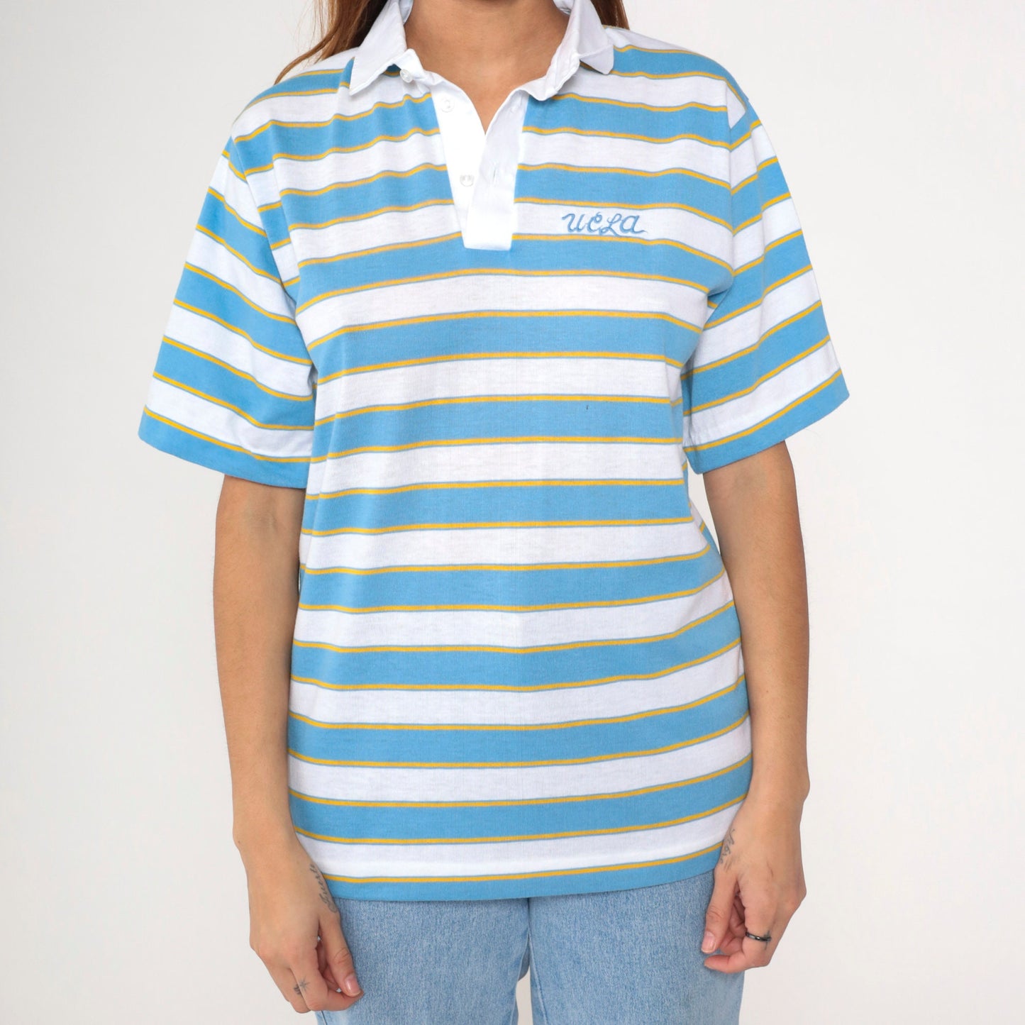 80s UCLA Bruins Striped Polo Shirt White Blue Gold Embroidered Medium
