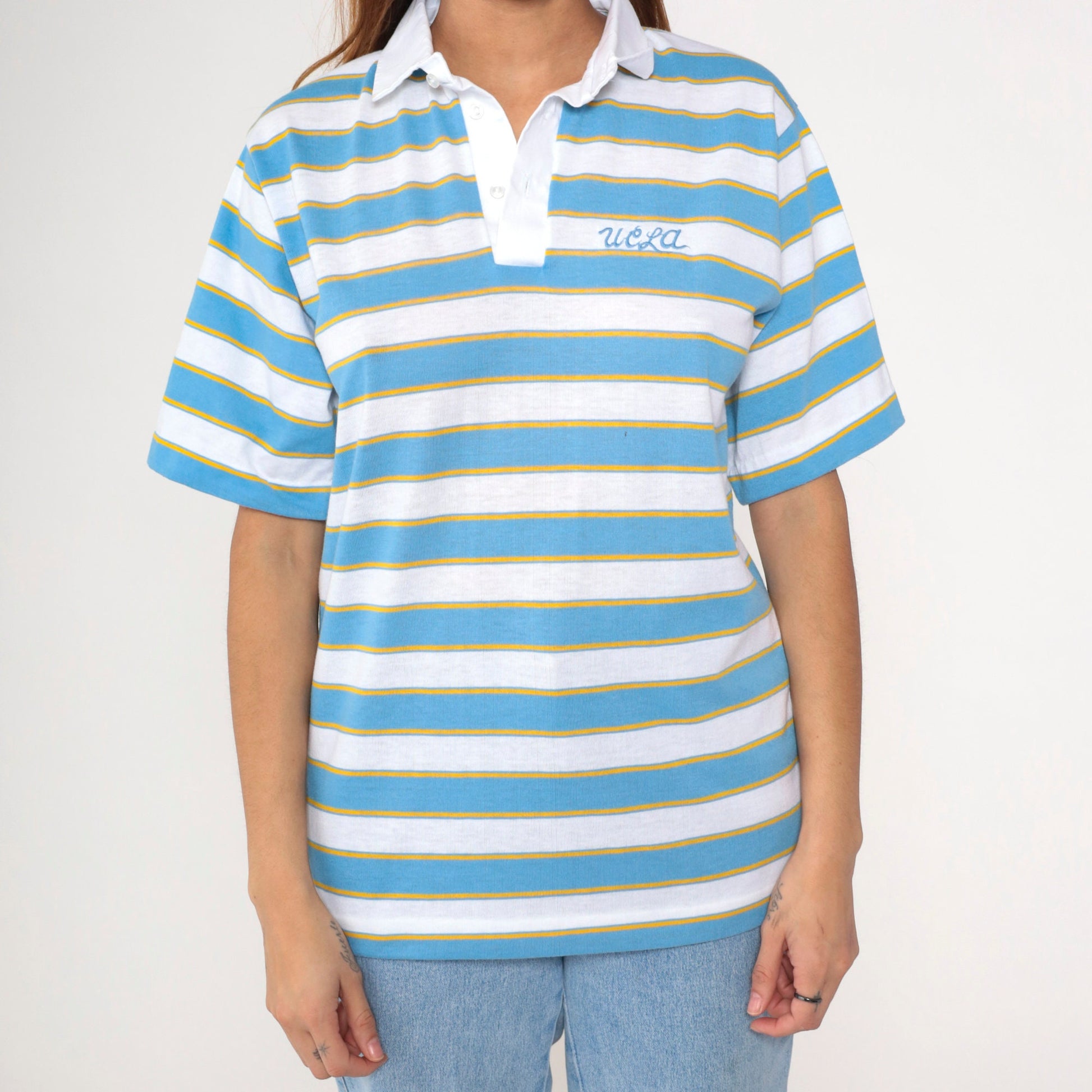 80s UCLA Bruins Striped Polo Shirt White Blue Gold Embroidered Medium