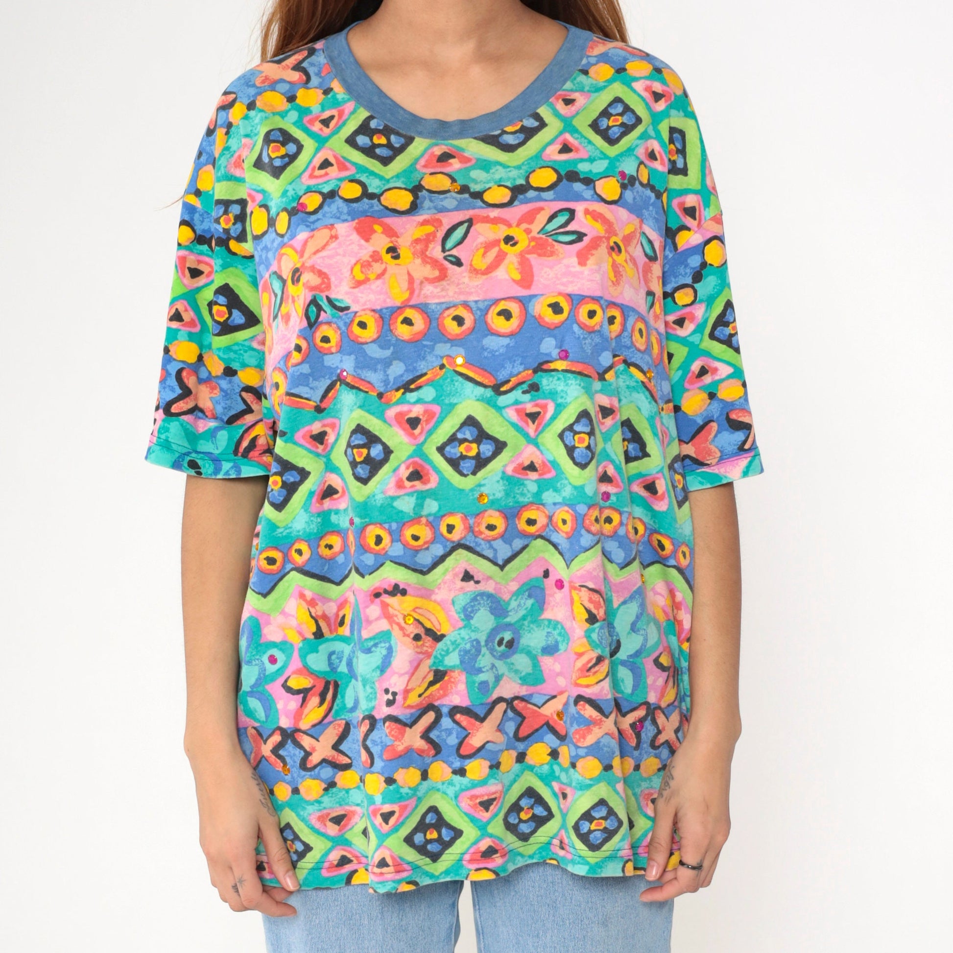 90s Geometric Floral Rhinestone T-Shirt Green Pink Blue Extra Large XL