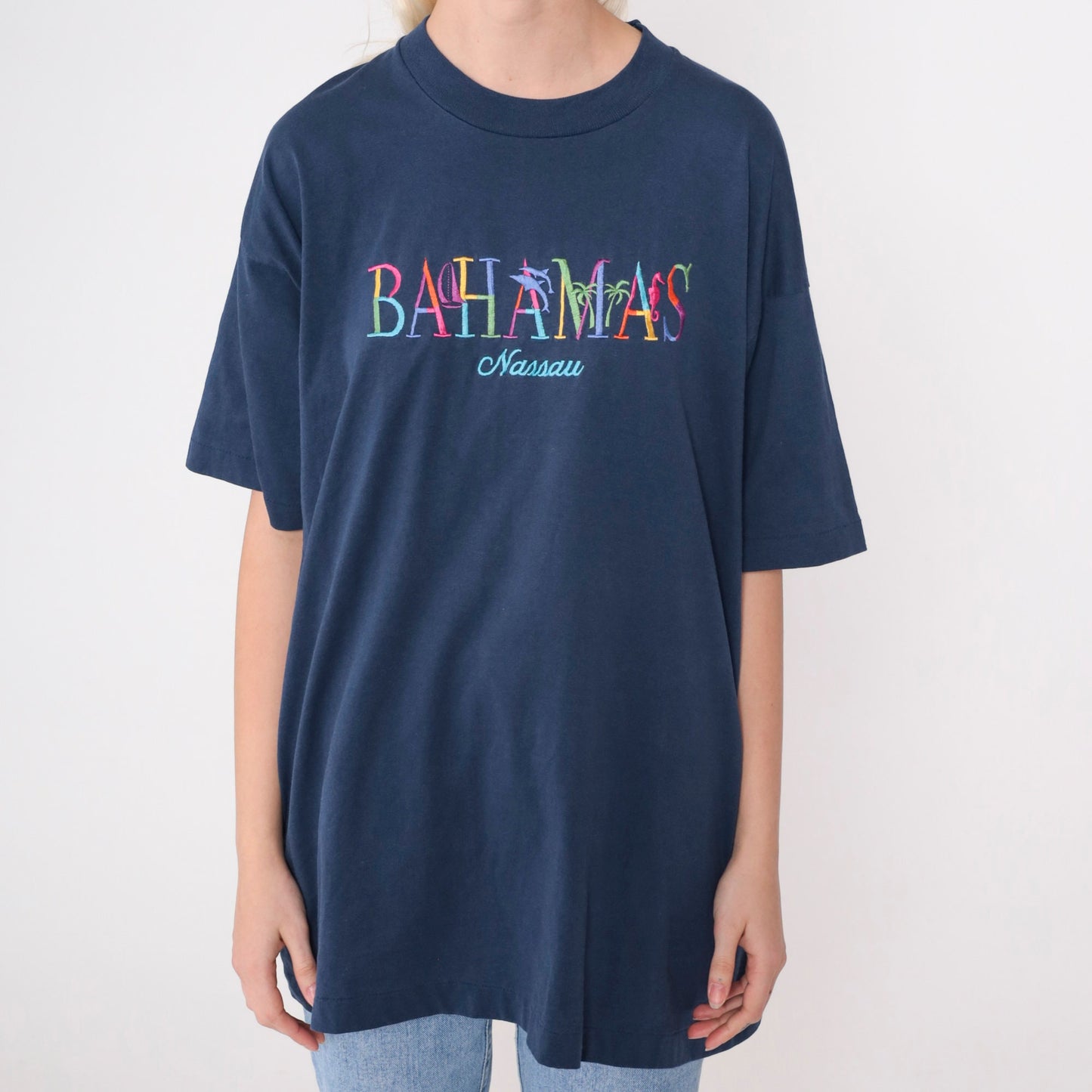 90s Nassau Bahamas Embroidered Graphic Tee Dolphin Palm Navy Extra Large