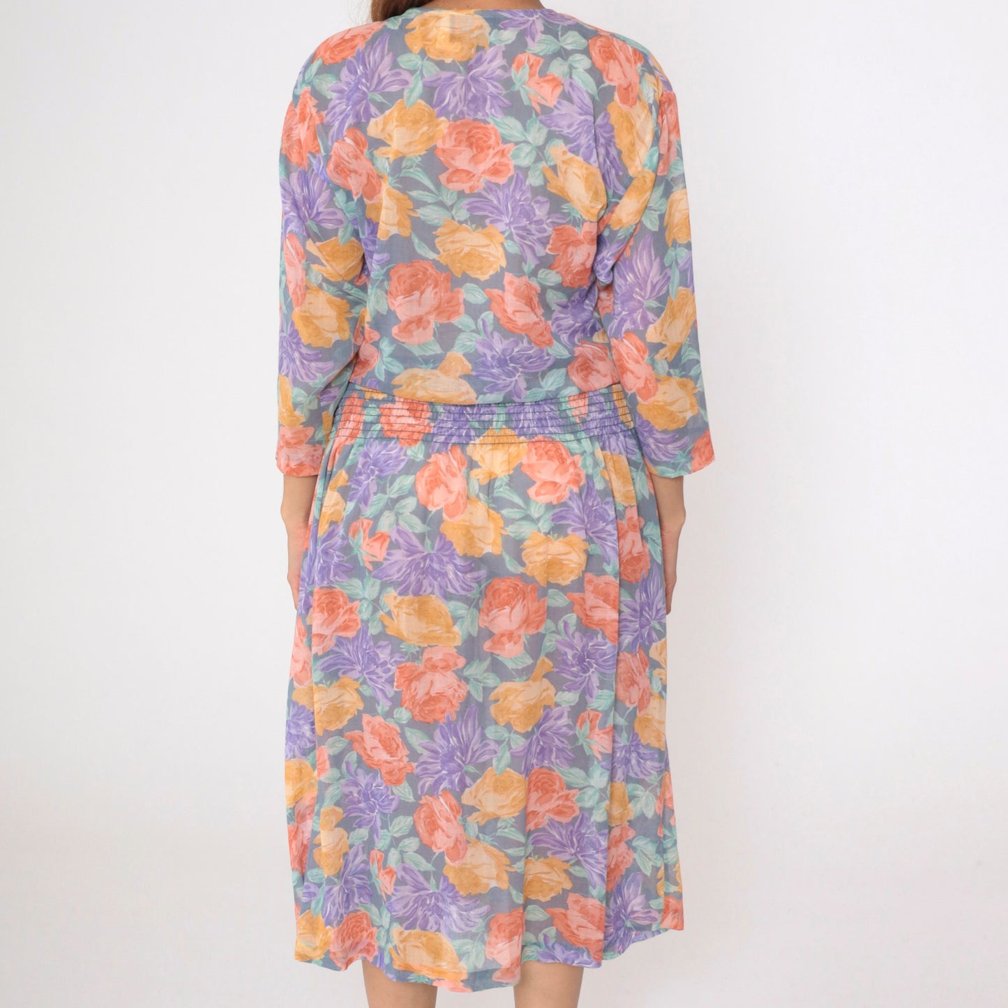 80s Starlo Fashions Floral Midi Dress Smocked Waist Henley Neckline Medium