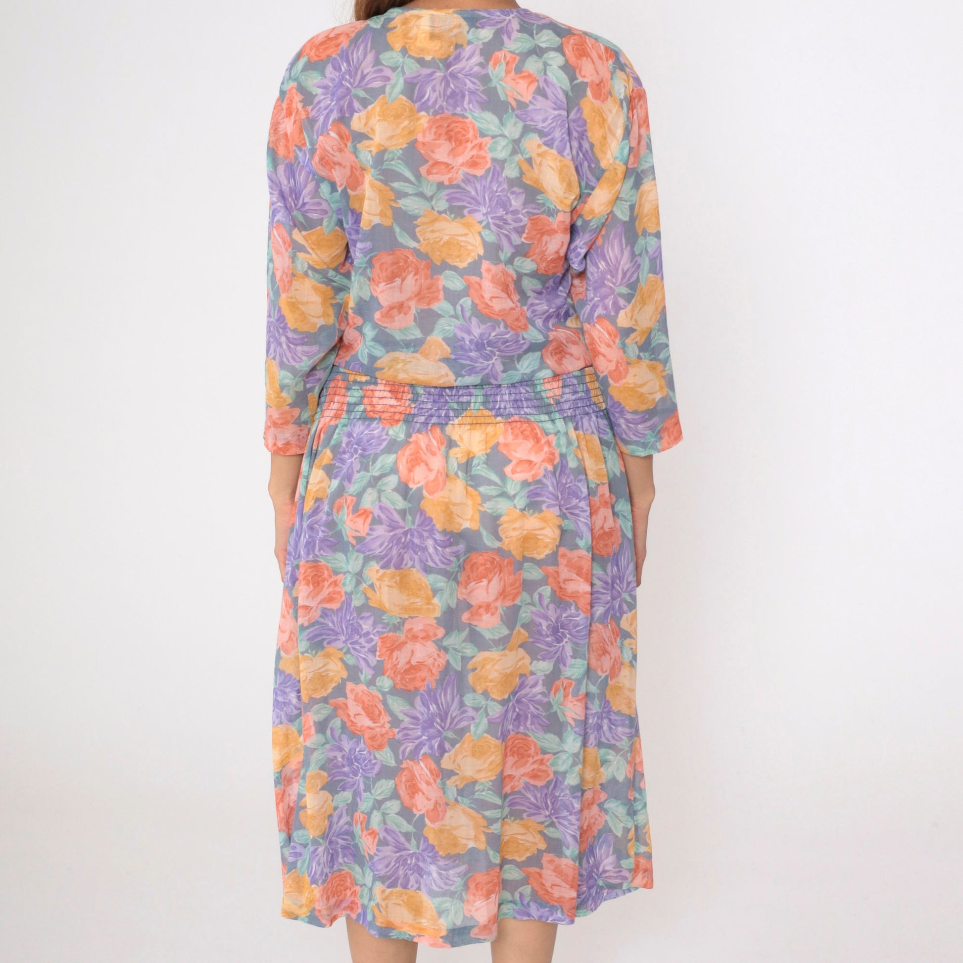80s Starlo Fashions Floral Midi Dress Smocked Waist Henley Neckline Medium