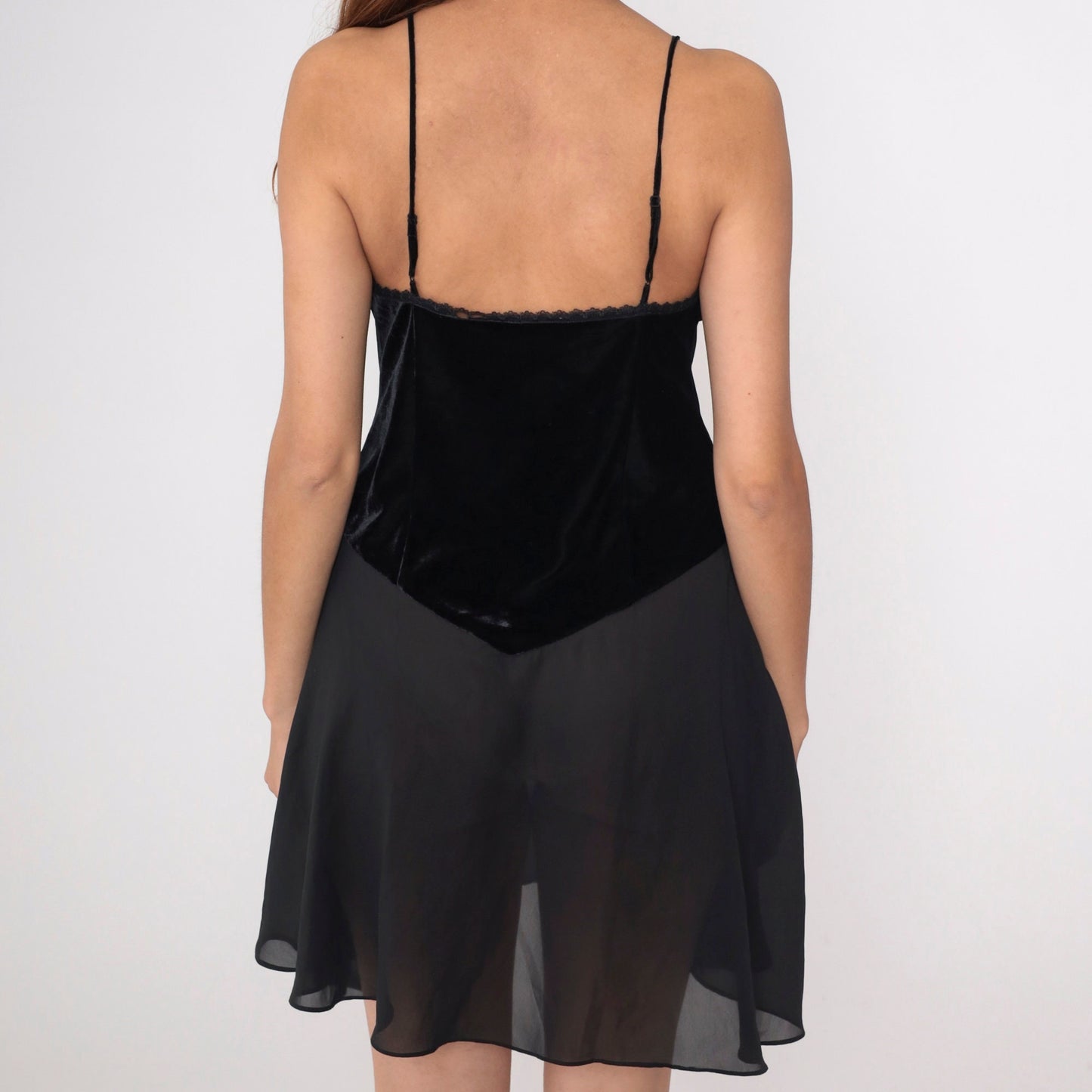 90s Black Chiffon Chemise Lace V-Neck Cage Spaghetti Strap Slip Dress Medium