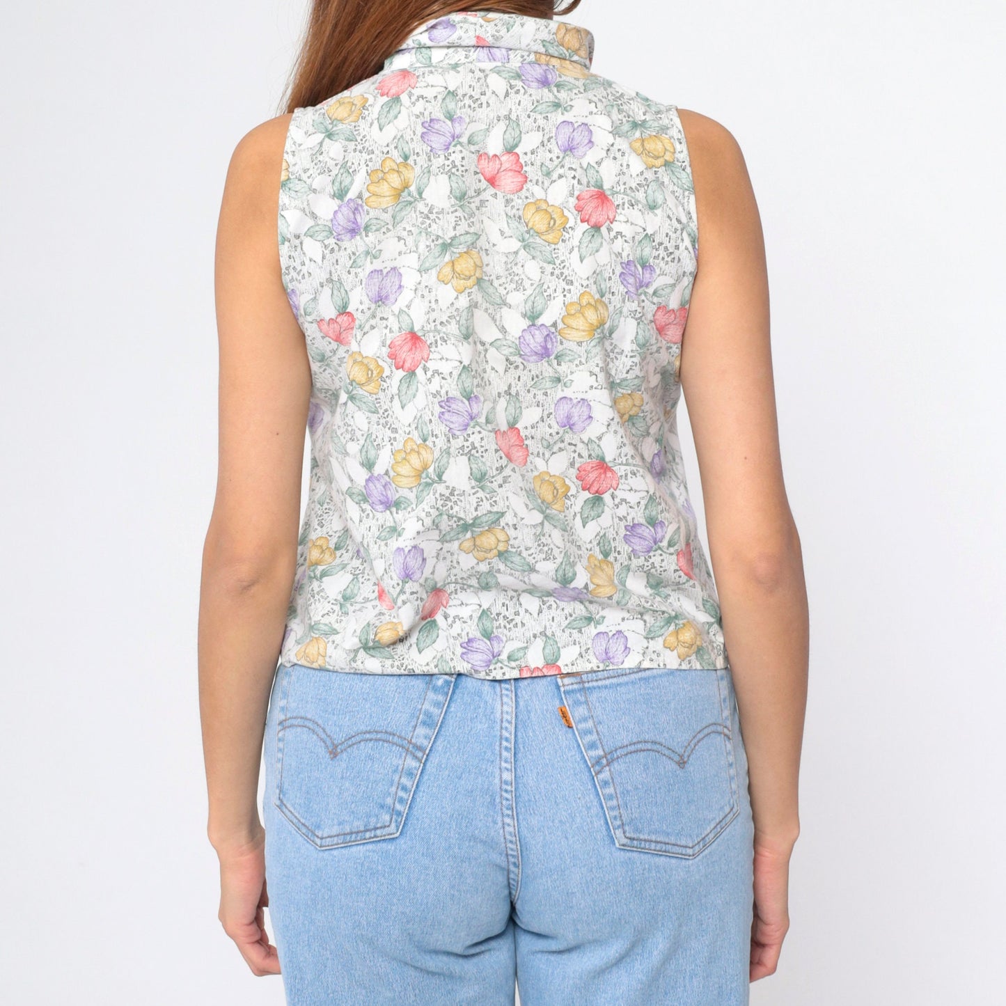 90s White Floral Sleeveless Collared Shirt Button-Up Blouse Small