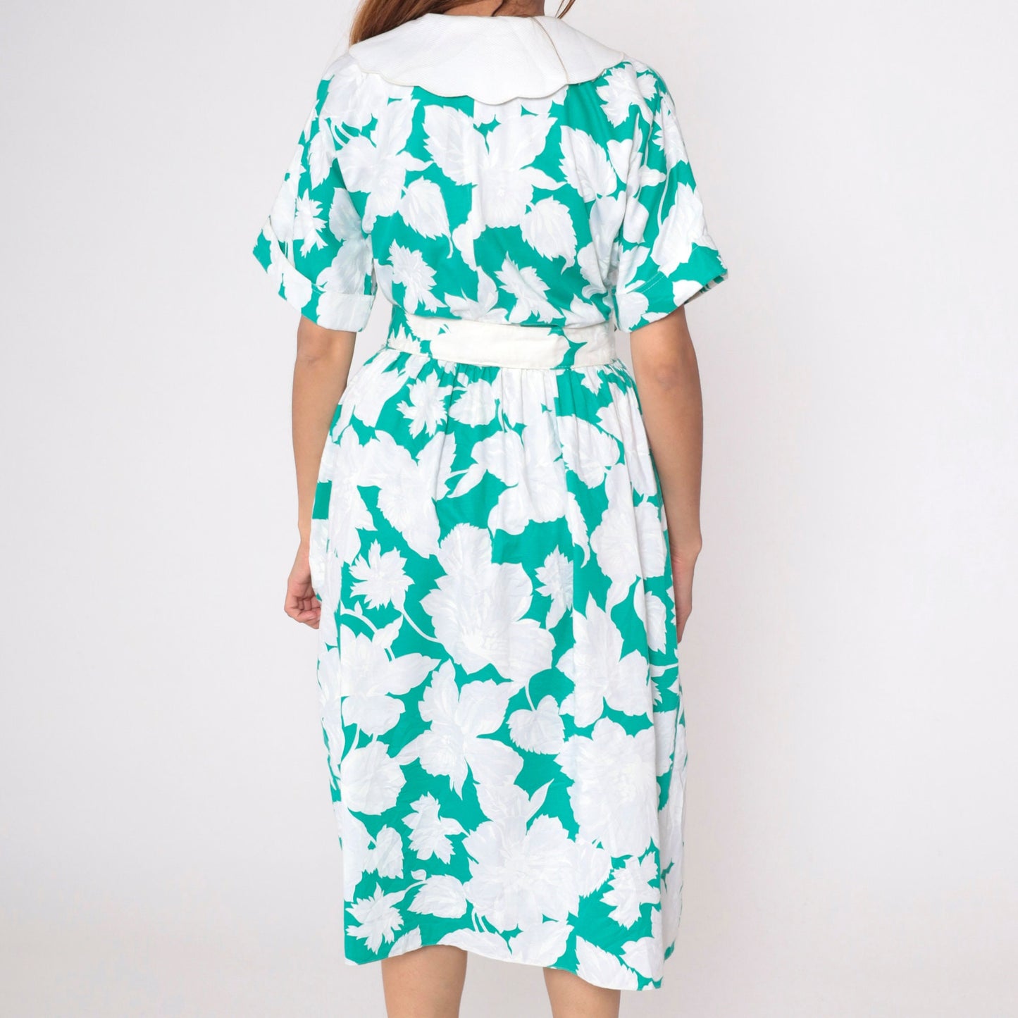 80s Leslie Fay Floral Midi Shirtdress Green White Scalloped Collar Belted Large