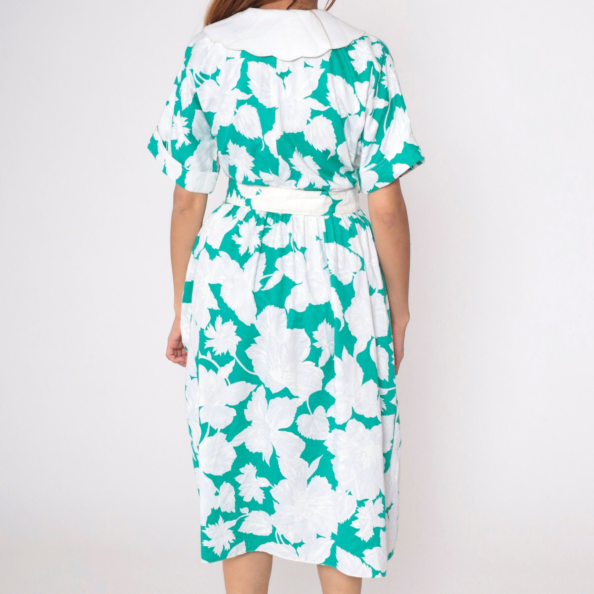 80s Leslie Fay Floral Midi Shirtdress Green White Scalloped Collar Belted Large