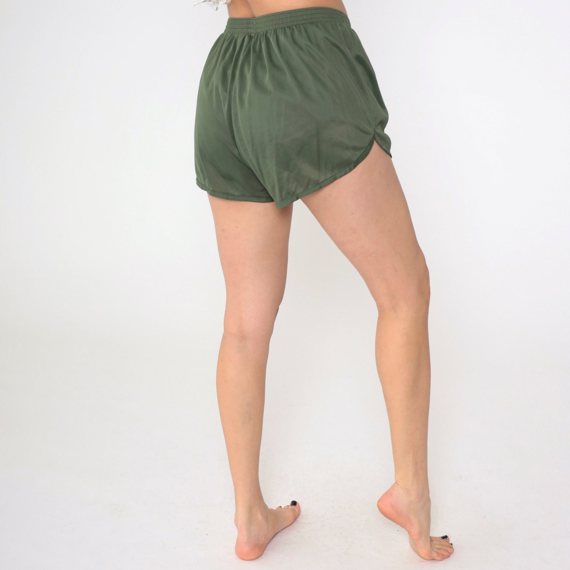 80s Soffe Dolphin Shorts Olive Green High-Waist Nylon Medium