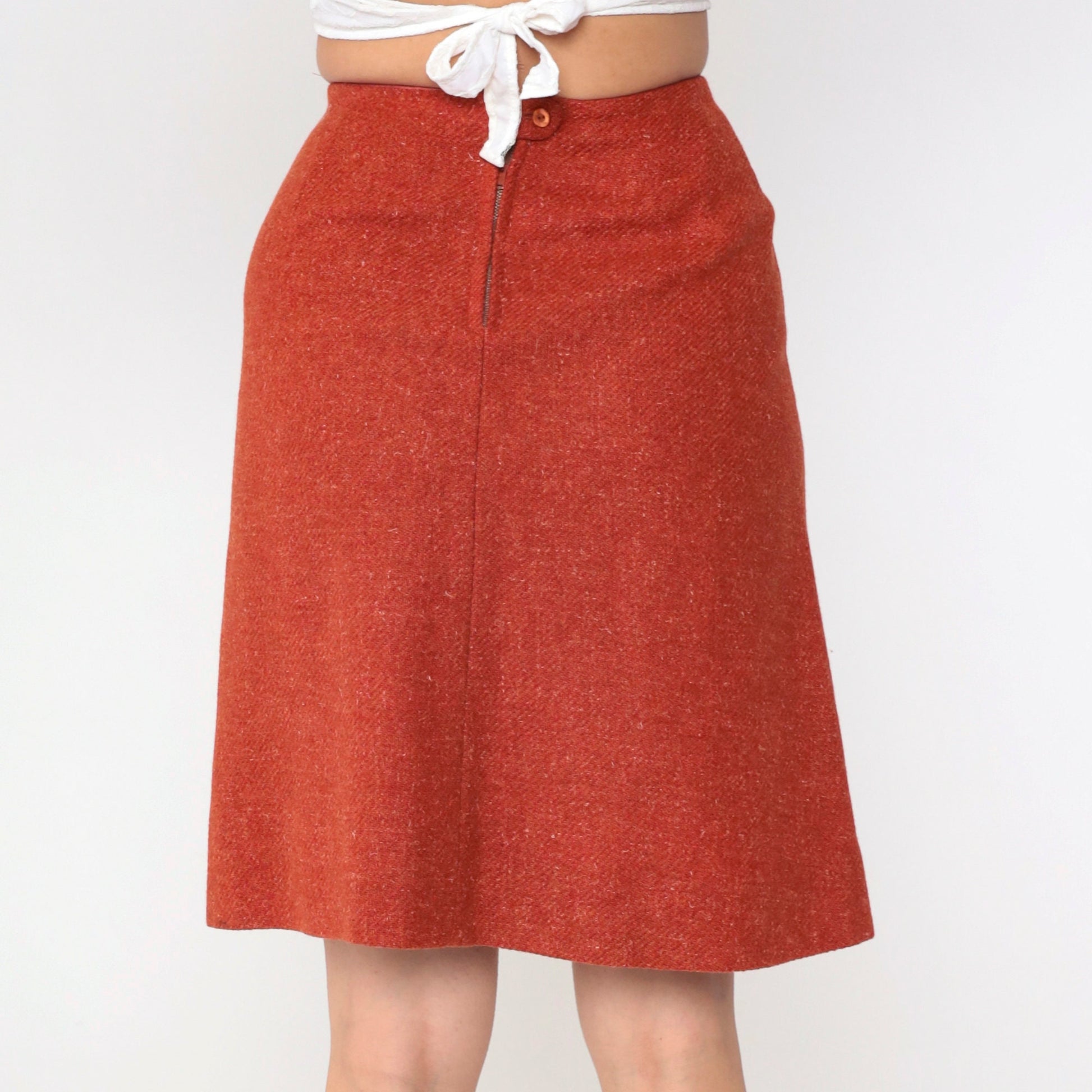 70s Wool Blend Mini Pencil Skirt High Waist Rust Orange Flecked Extra Small