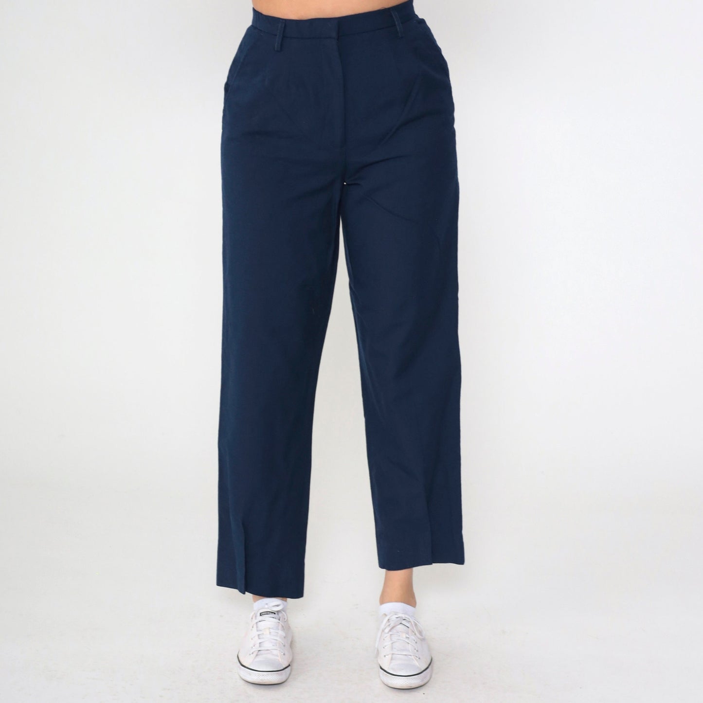 80s Mervyns Navy High-Waisted Straight Leg Trousers Medium