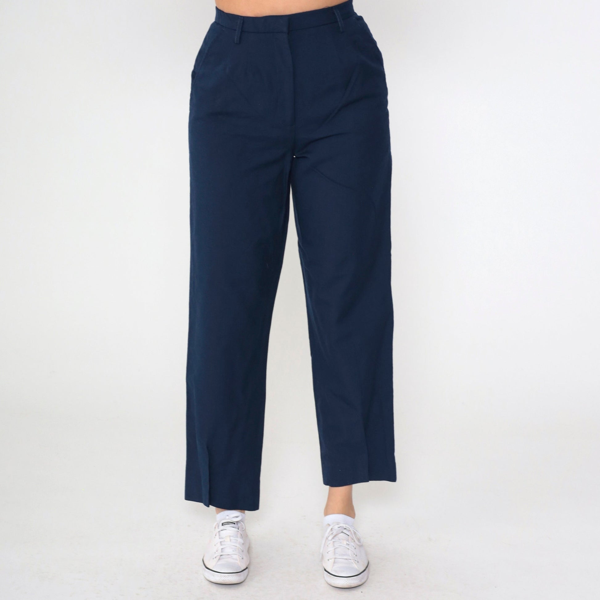 80s Mervyns Navy High-Waisted Straight Leg Trousers Medium
