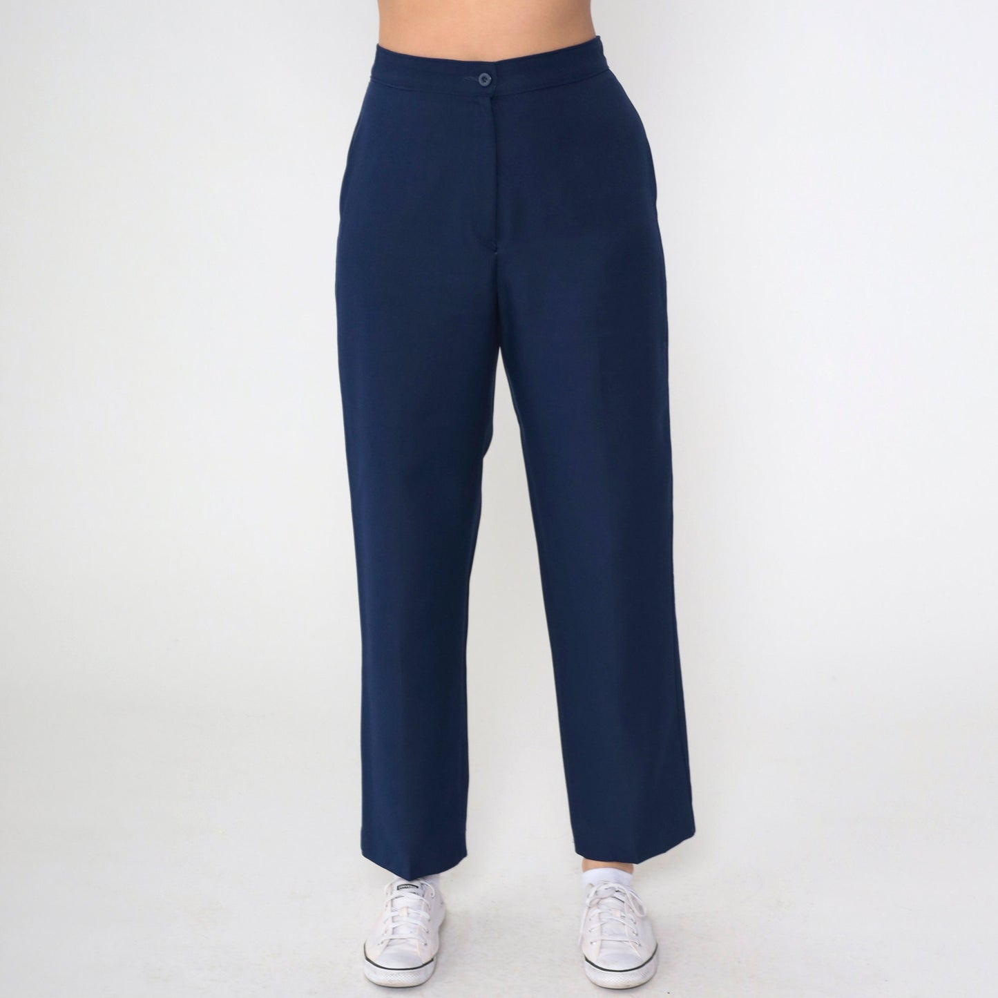 90s Navy Straight Leg High Rise Trousers Wool Blend Small 26
