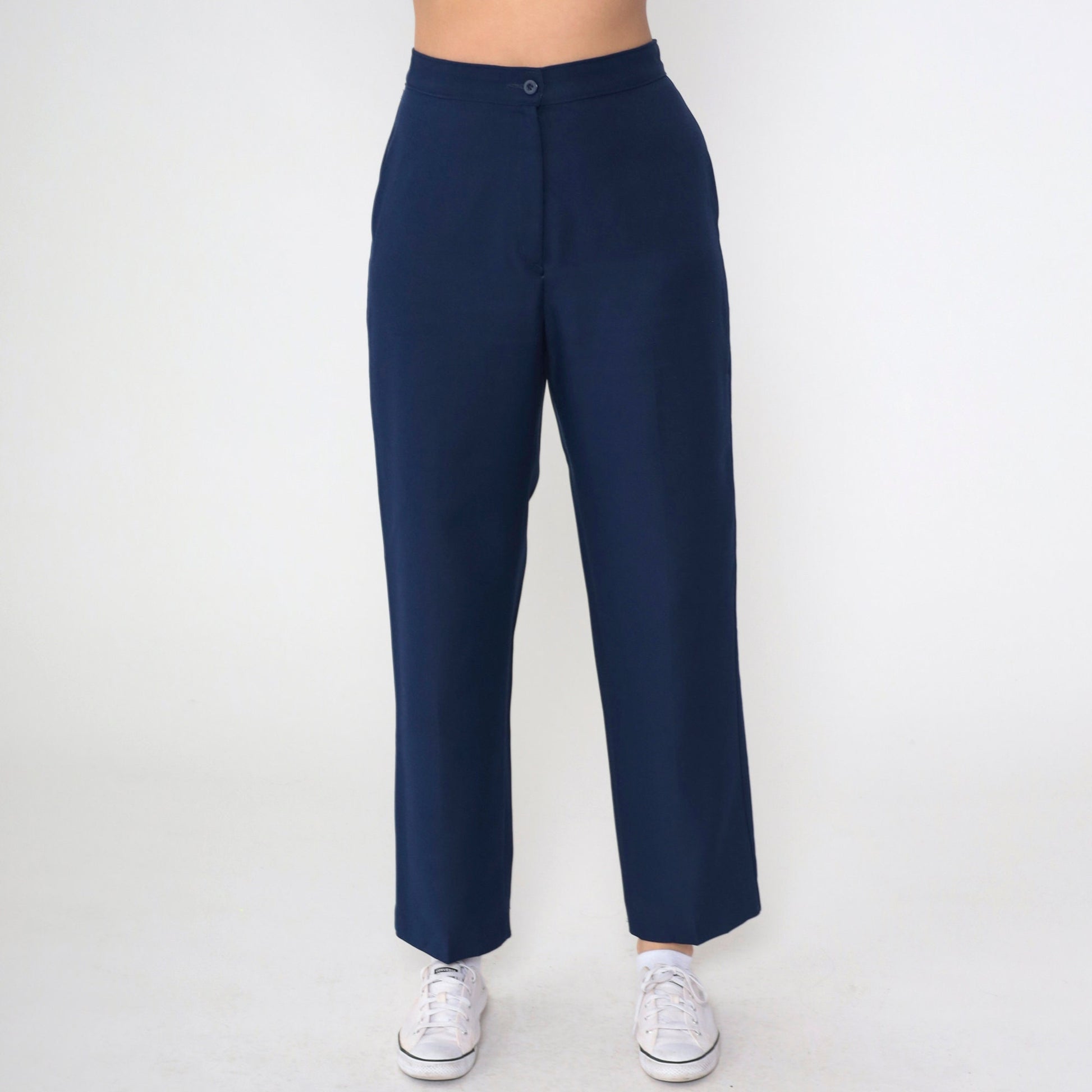 90s Navy Straight Leg High Rise Trousers Wool Blend Small 26