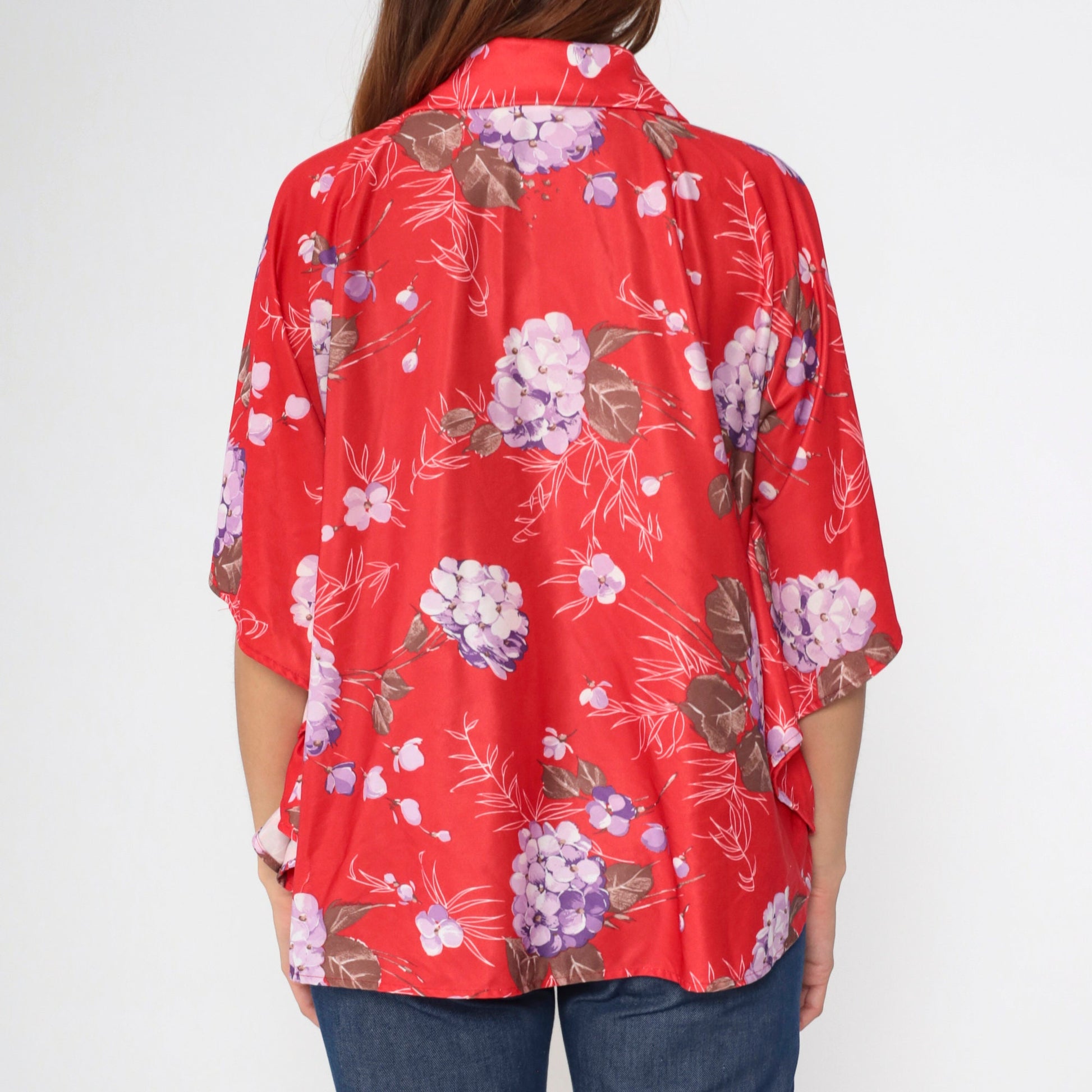 70s Jaylan of California Red Floral Zip Blouse Angel Sleeve Medium Large