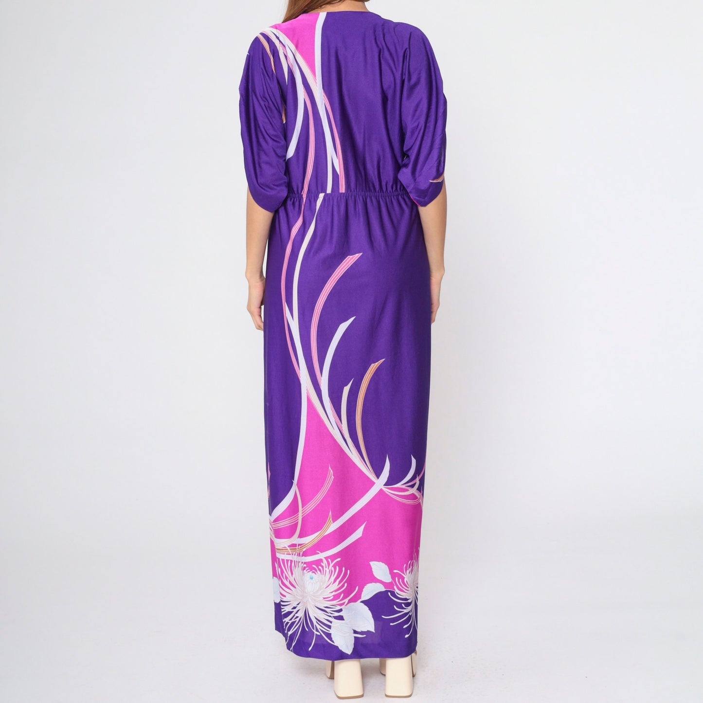 70s Purple Floral Hawaiian Maxi Dress Faux Wrap Ruched Sleeve Medium