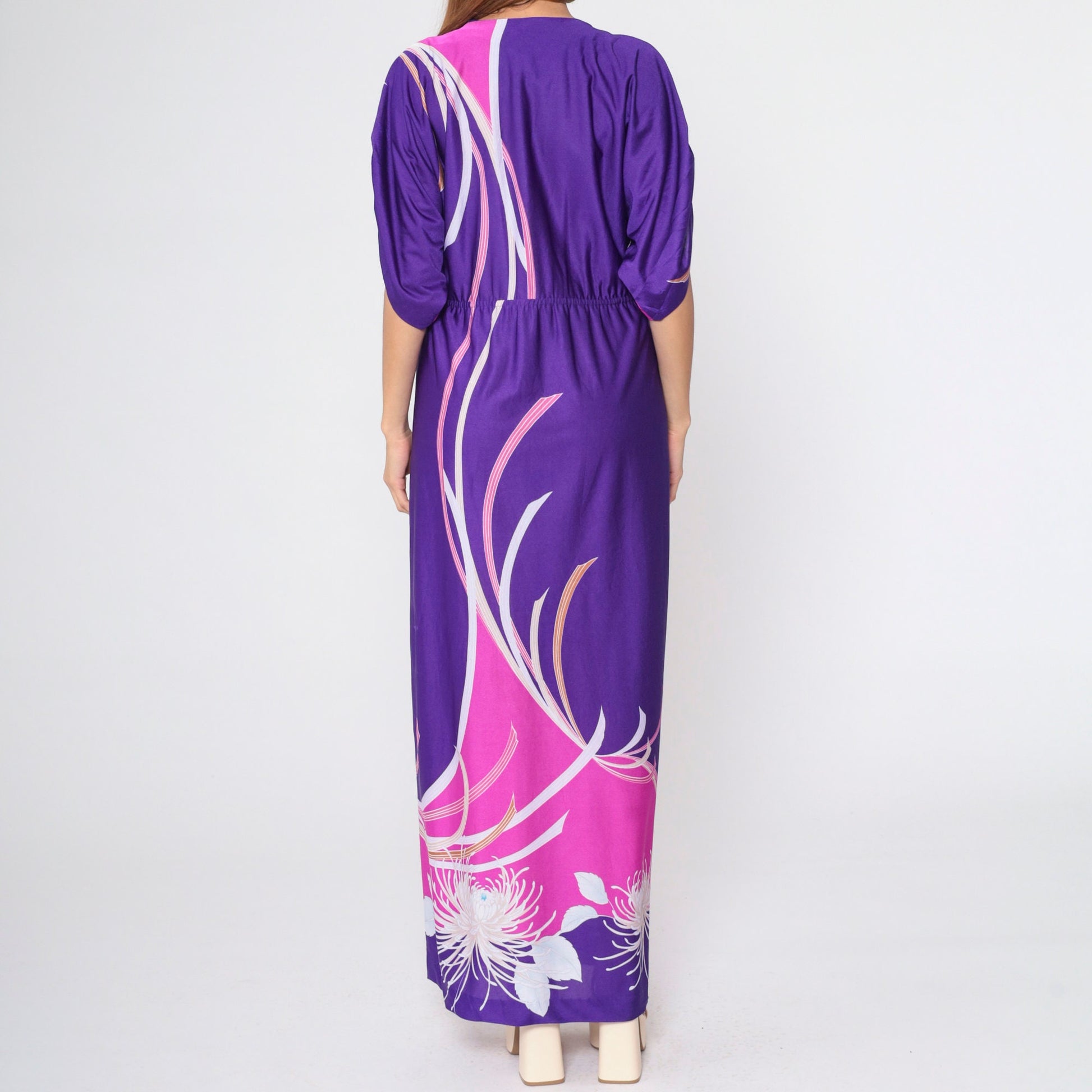 70s Purple Floral Hawaiian Maxi Dress Faux Wrap Ruched Sleeve Medium
