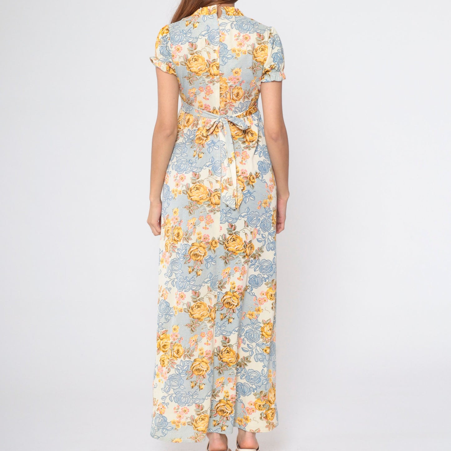 70s Floral Maxi Dress Empire Waist Puff Sleeve Cream Rose Print Small S