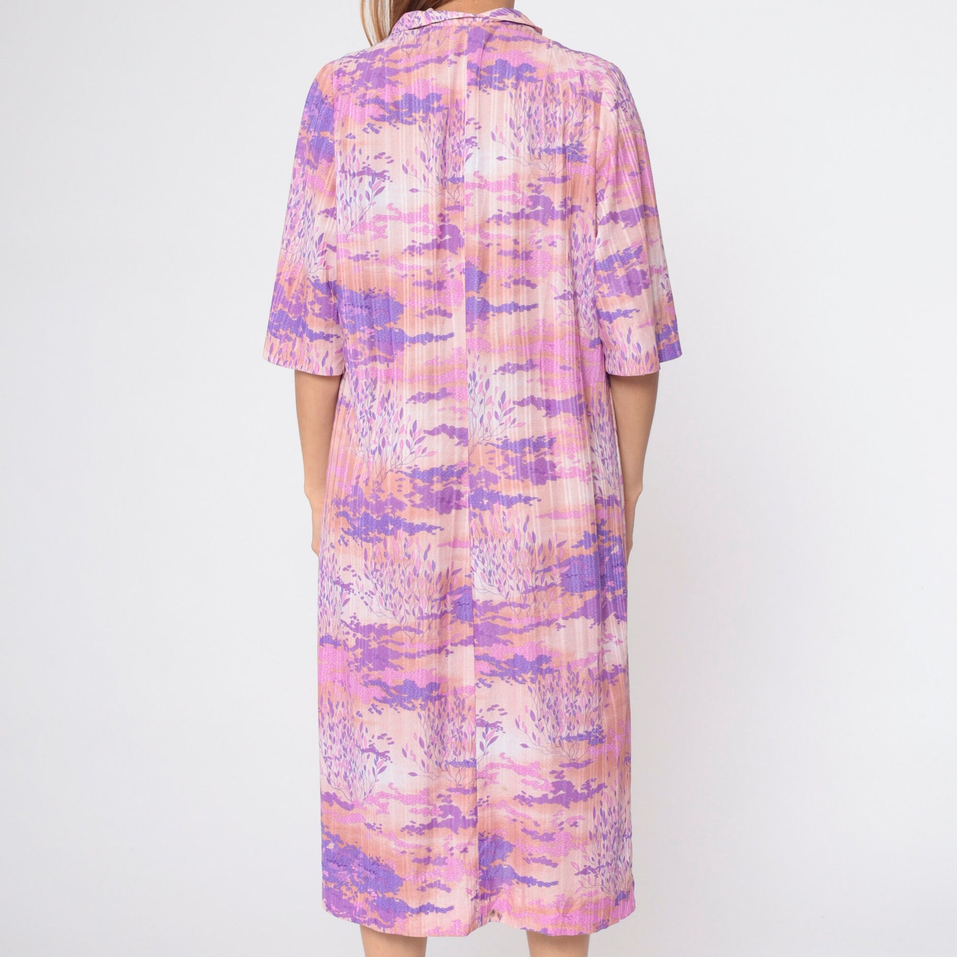 70s Psychedelic Midi Dress Abstract Tree Cloud Print Ascot Tie Short Sleeve Purple Pink Large L