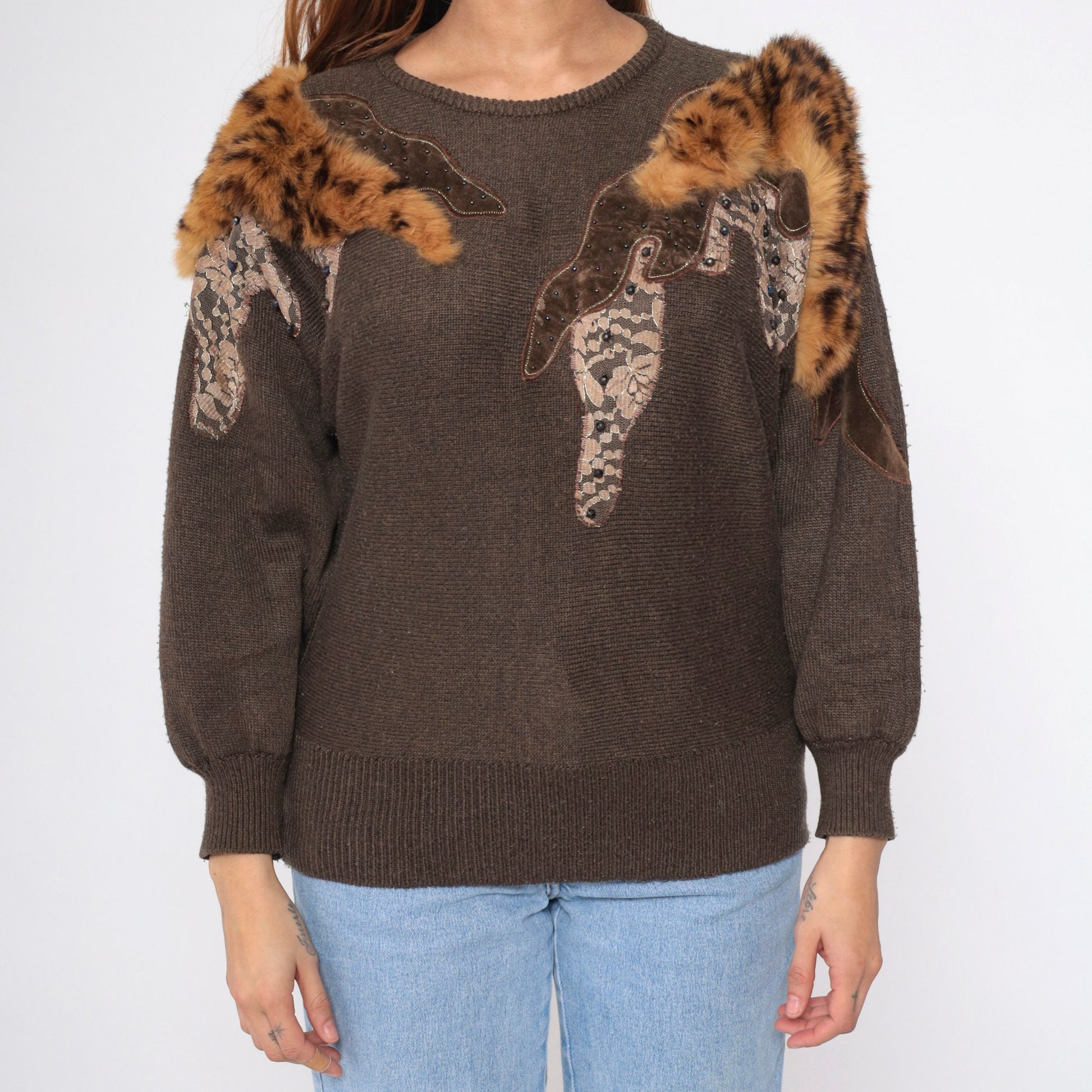 80s Brown Beaded Faux Fur Knit Sweater Dolman Sleeve Crewneck Medium