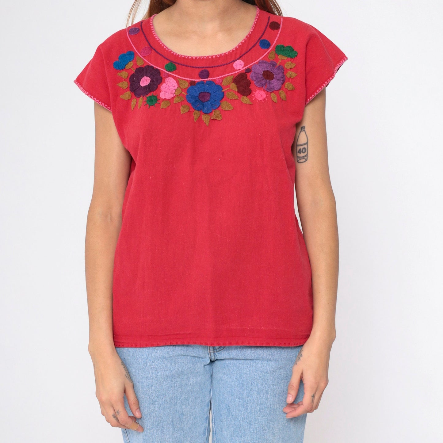 90s Mexican Embroidered Floral Blouse Red Short Sleeve Medium