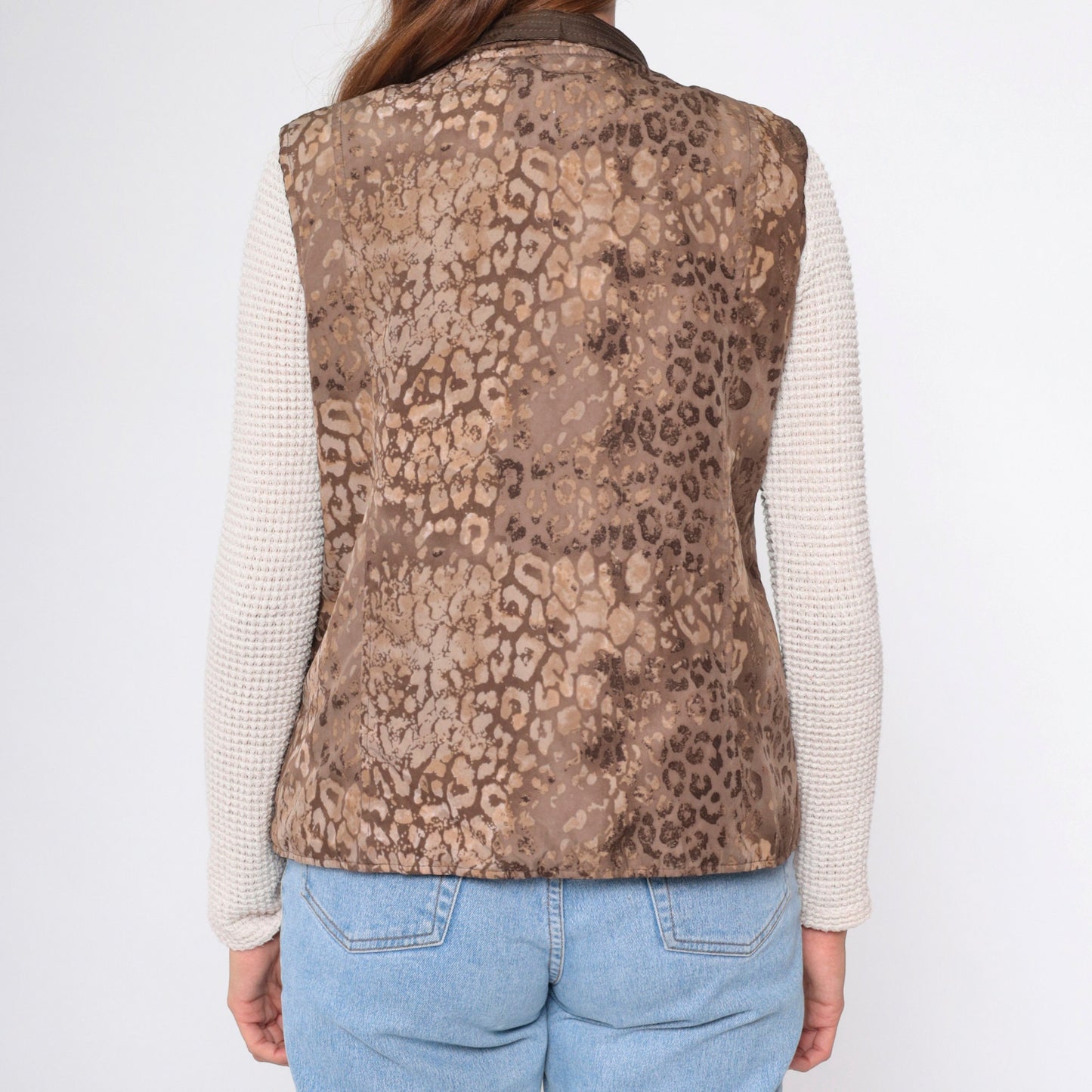 90s Leopard & Brown Reversible Quilted Vest Zip-Up Small