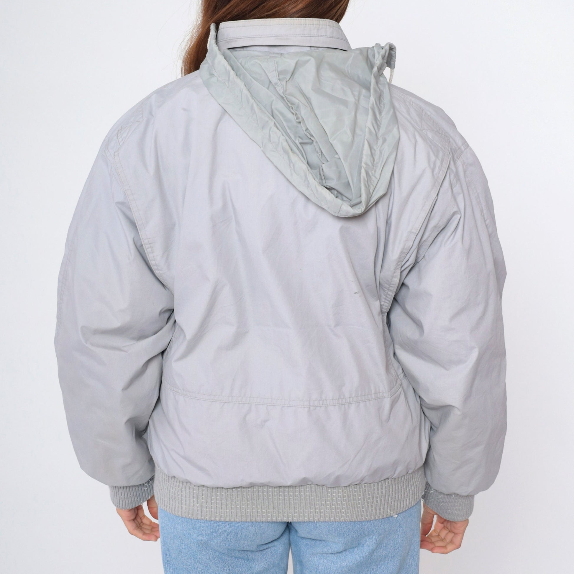 Members Only Down Jacket 80s Grey Hooded Ski Puffer Coat Medium