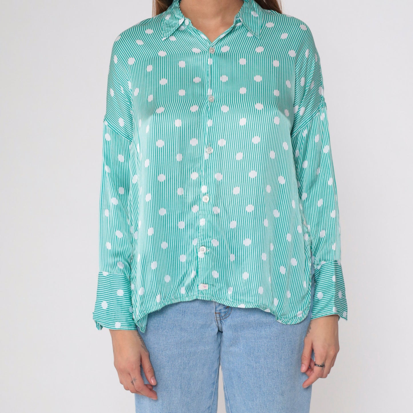 90s Fil Noir Green White Polka Dot Striped Button Up Blouse Long Sleeve Small