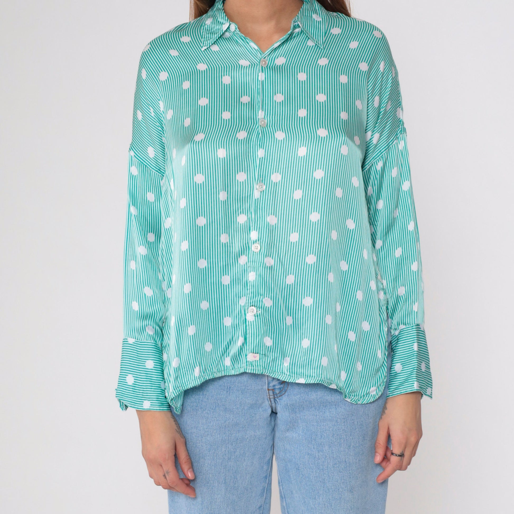 90s Fil Noir Green White Polka Dot Striped Button Up Blouse Long Sleeve Small
