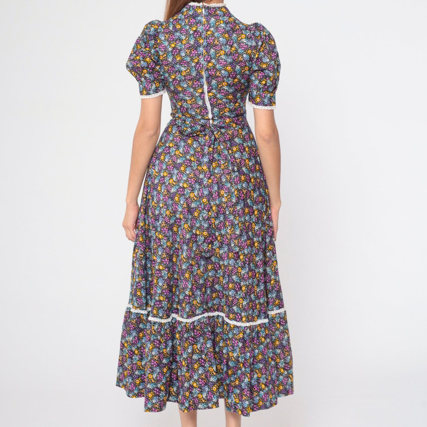 70s Calico Floral Maxi Dress Lace-Up Puff Sleeve Prairie Ankle Length XS