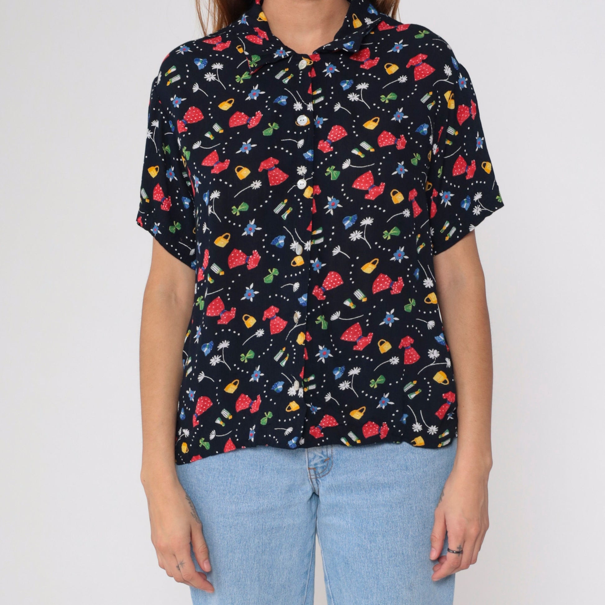 90s Fashion Print Black Button-Up Blouse Floral Purse Dress Graphic Medium Large