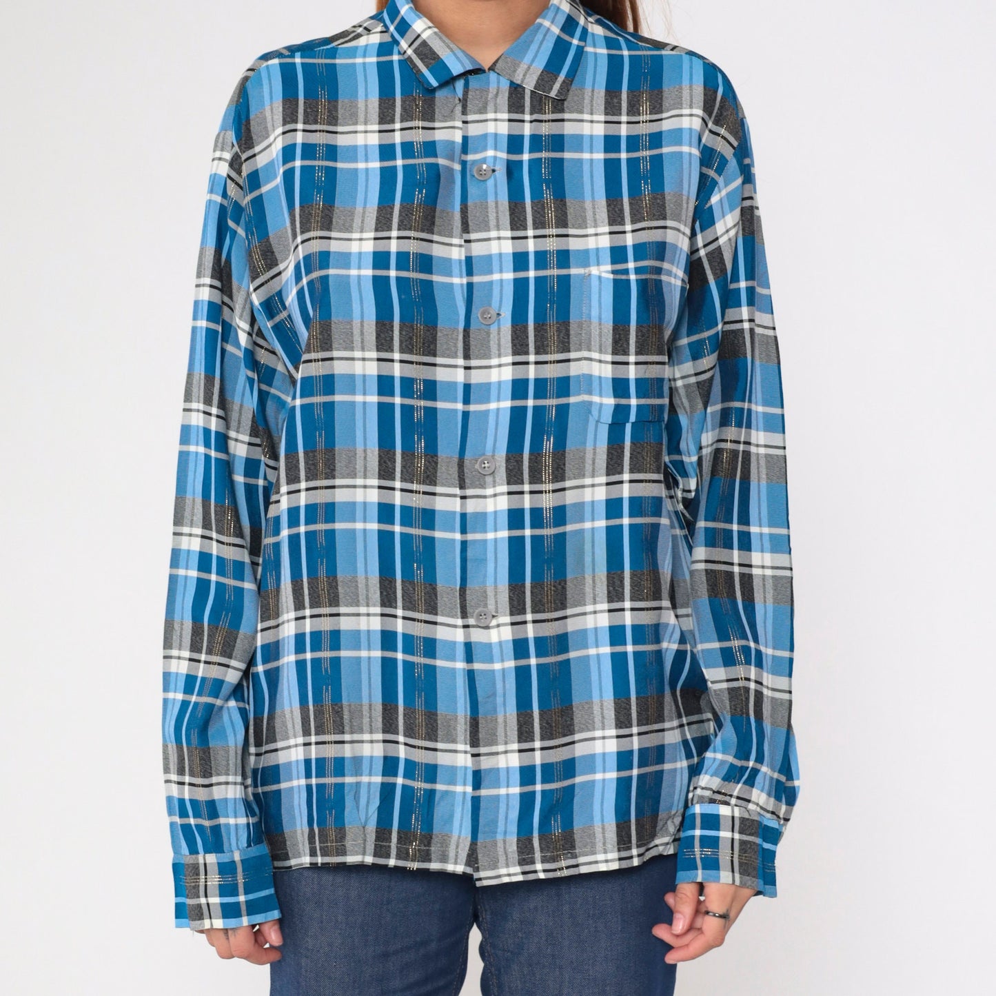 70s Metallic Plaid Blue Button-Up Shirt Pilgrim Western Long Sleeve Large