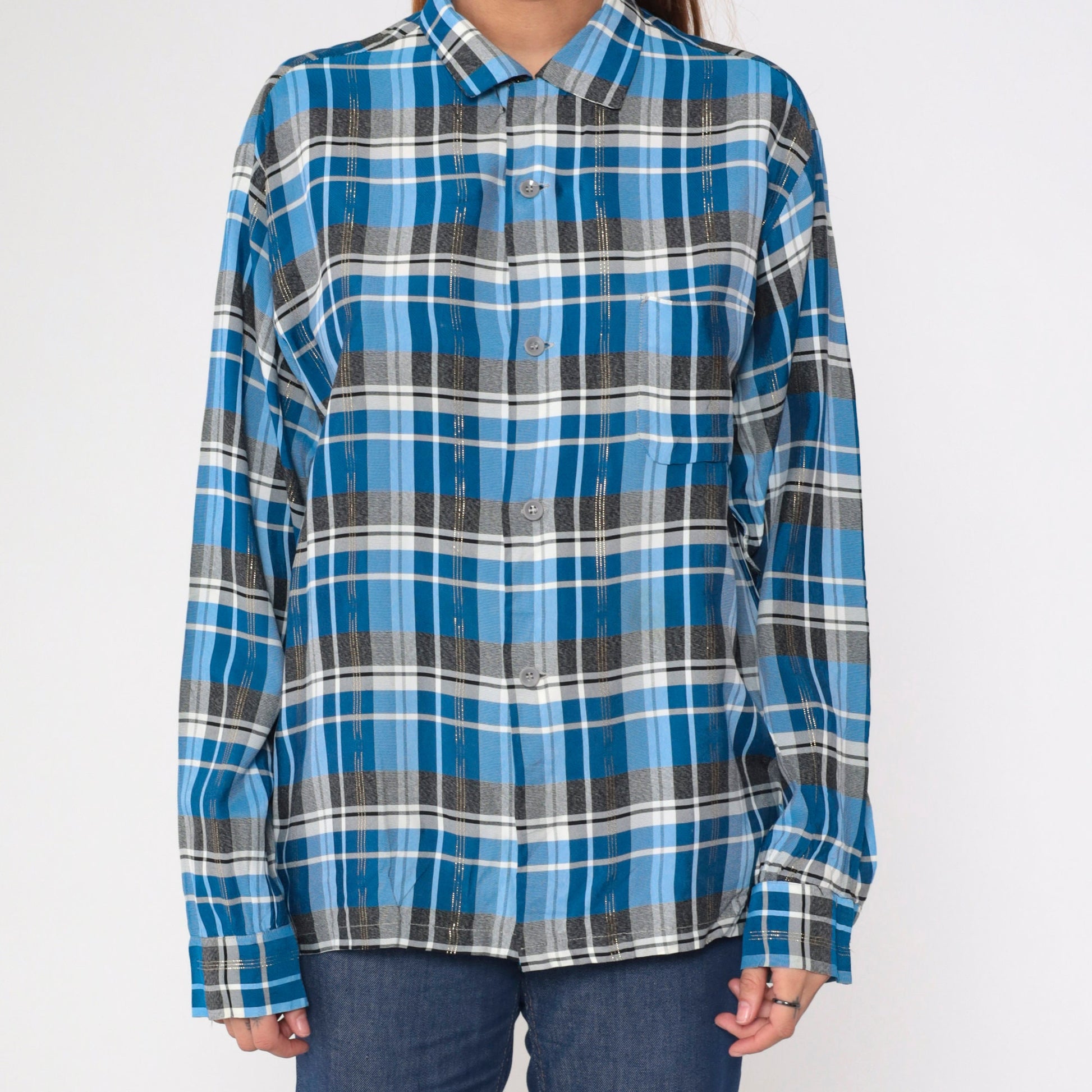 70s Metallic Plaid Blue Button-Up Shirt Pilgrim Western Long Sleeve Large