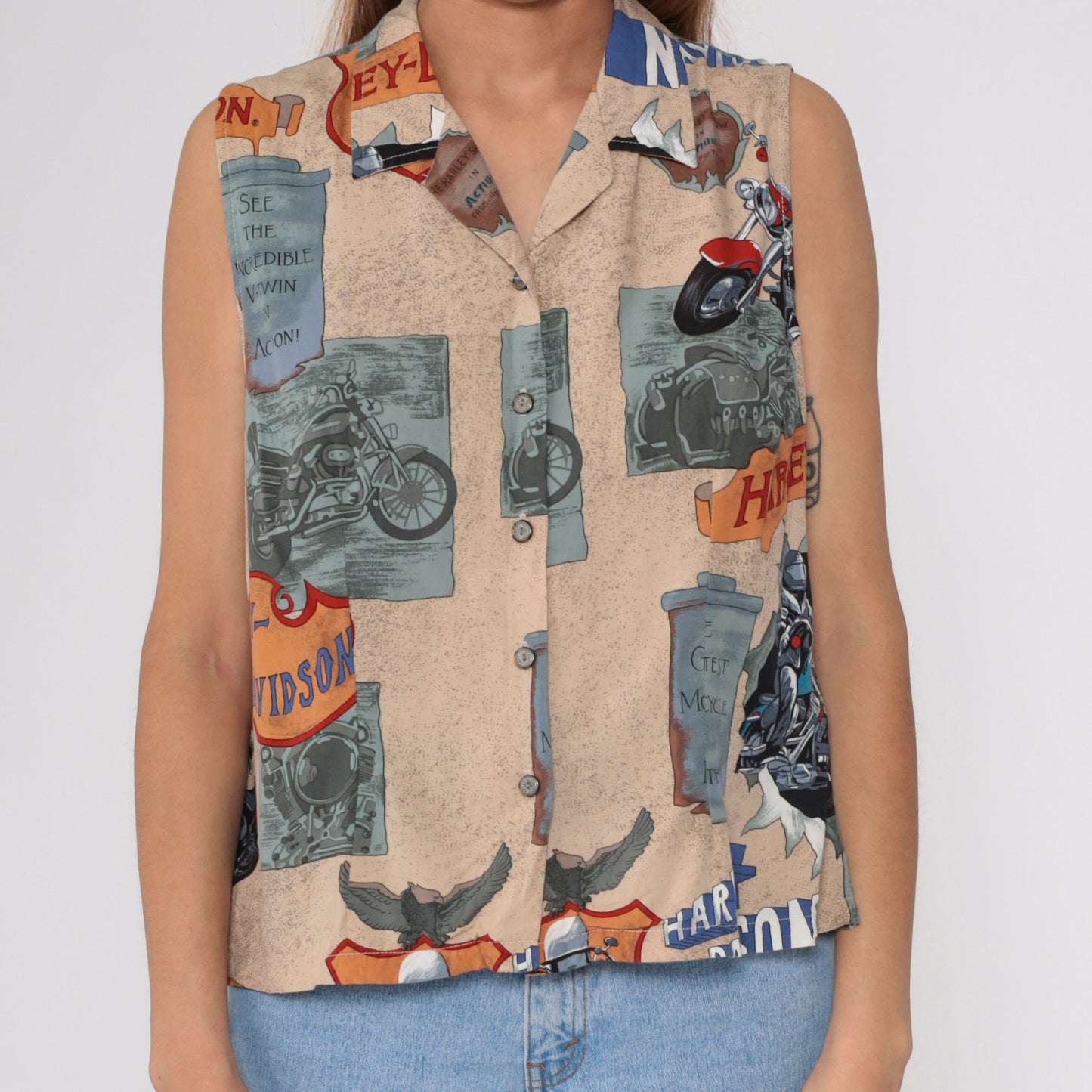 90s Harley Davidson Sleeveless Button-Up Shirt Tan Eagle Print Medium