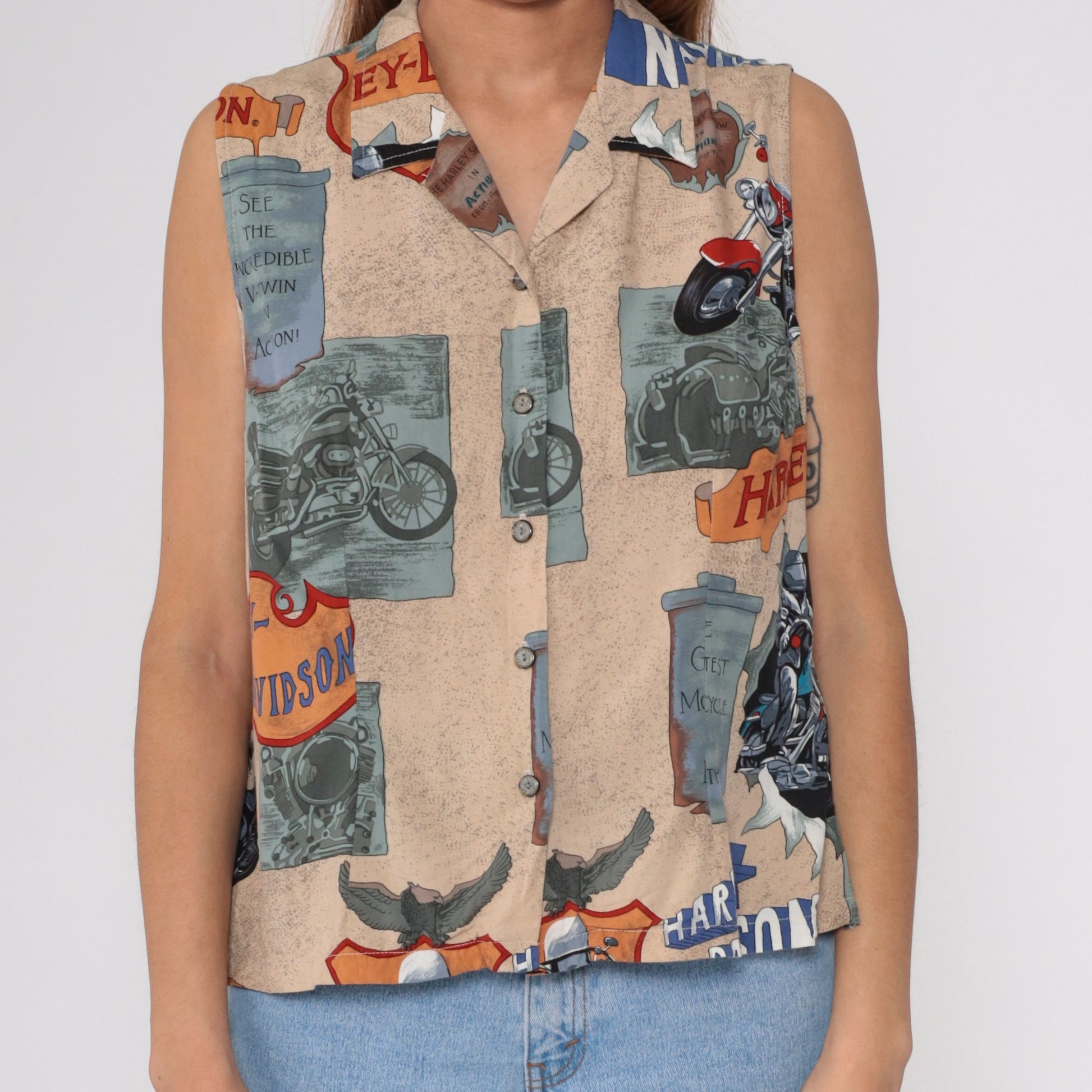 90s Harley Davidson Sleeveless Button-Up Shirt Tan Eagle Print Medium