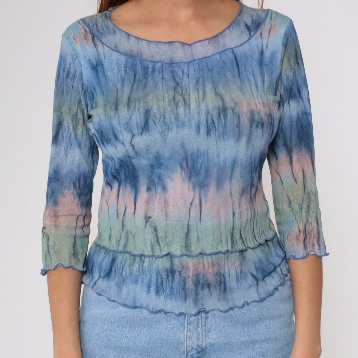 Y2K Tie Dye 3/4 Sleeve Top Lettuce Edge Semi-Sheer Blue Pink Green Medium