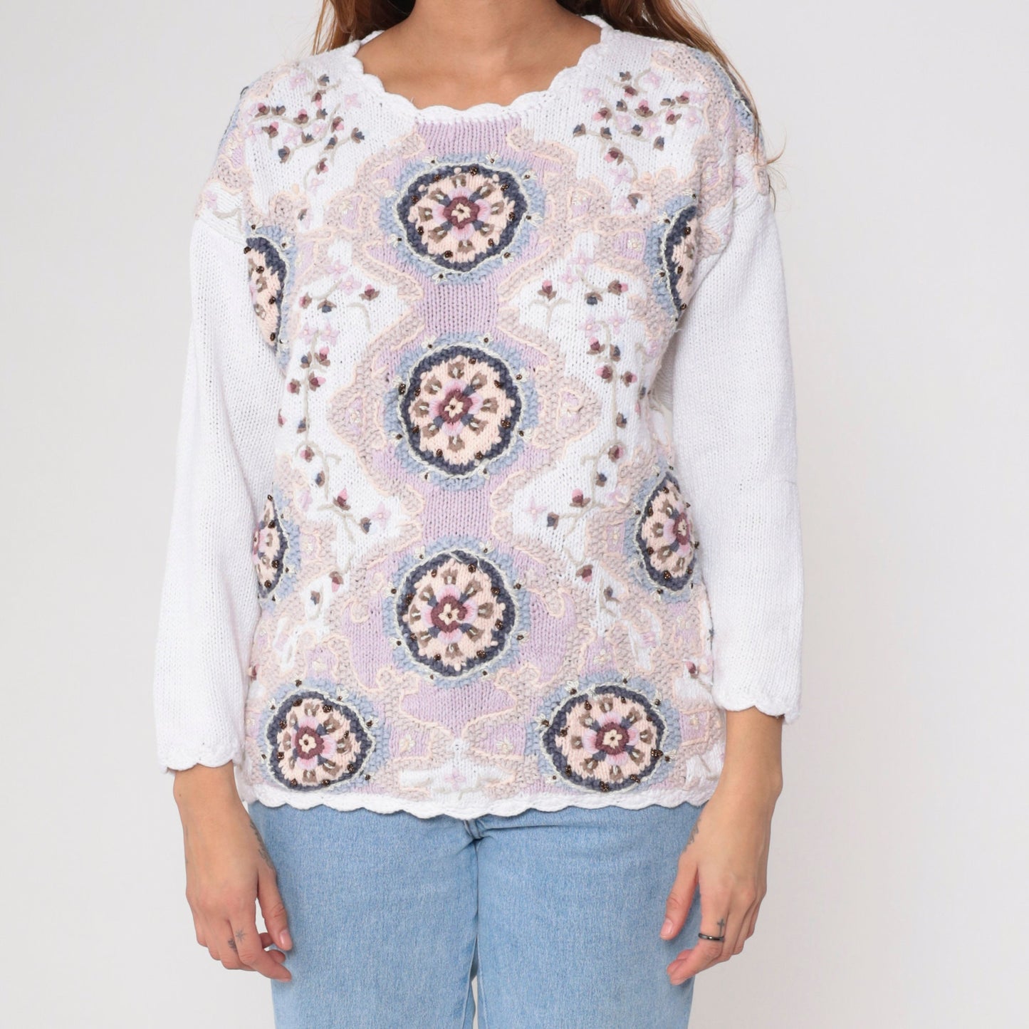 90s Floral Knit Sweater White Embroidered Glitter Scalloped Pullover Small