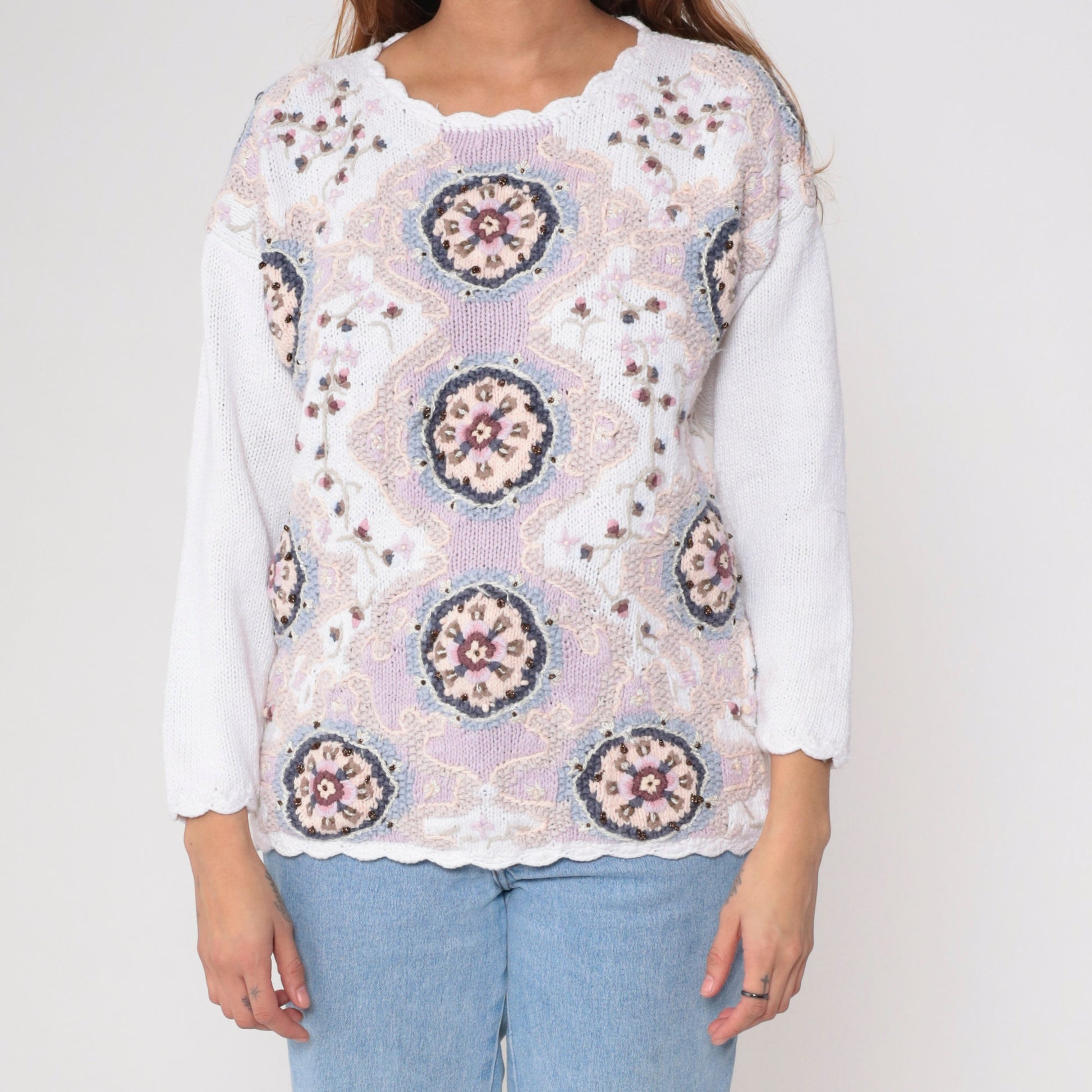 90s Floral Knit Sweater White Embroidered Glitter Scalloped Pullover Small