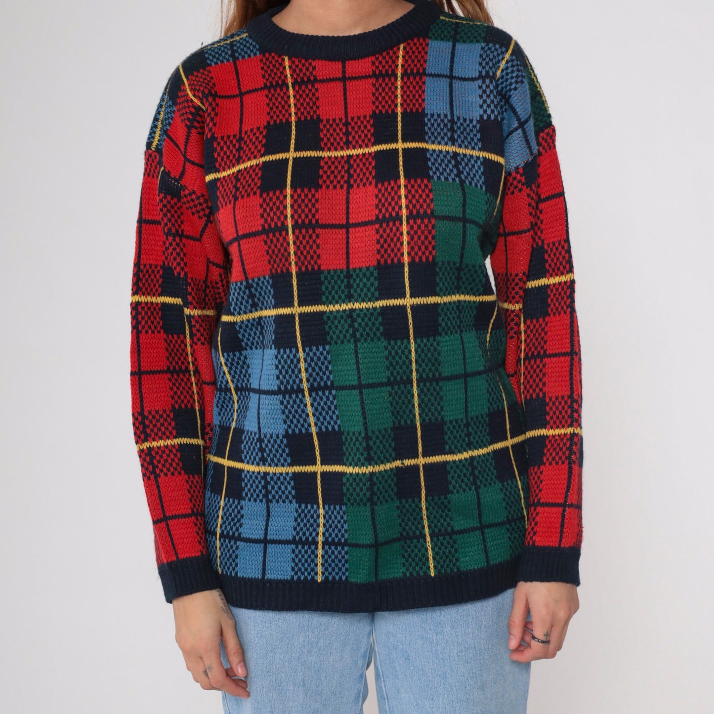 90s Silvercord Plaid Colour Block Sweater Red Green Blue Tartan Crewneck Medium