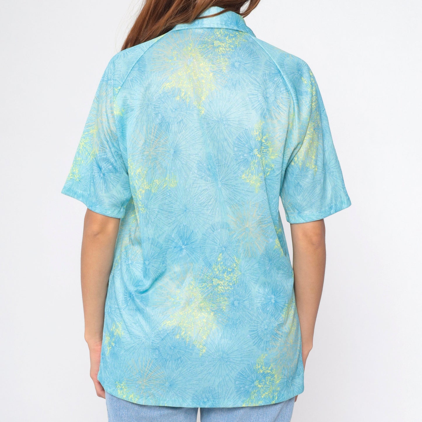 70s Lilly Dasche Blue Dandelion Floral Button-Up Shirt Raglan Large L
