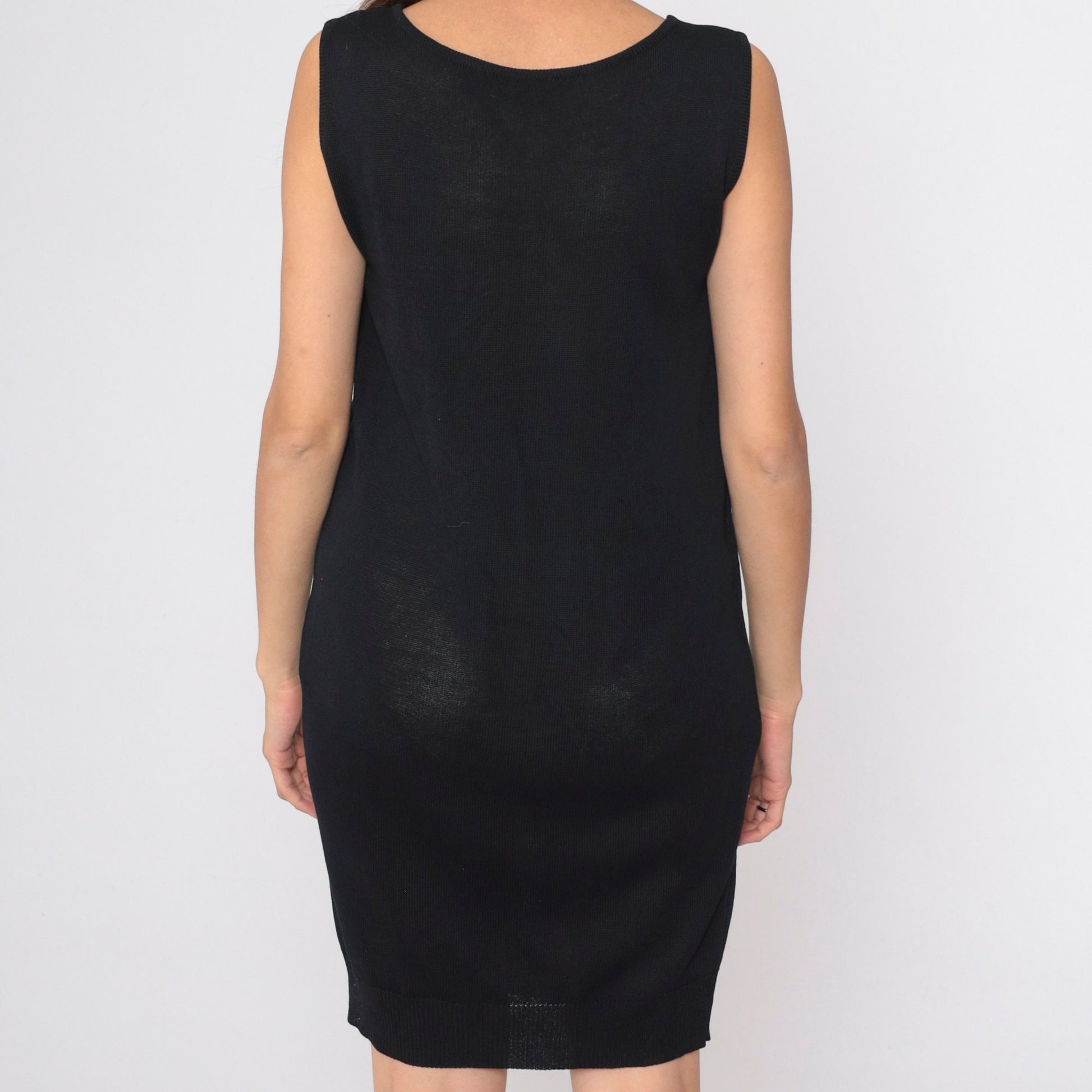 90s Donna Karan Black Knit Mini Dress Semi-Sheer Sleeveless Shift Medium